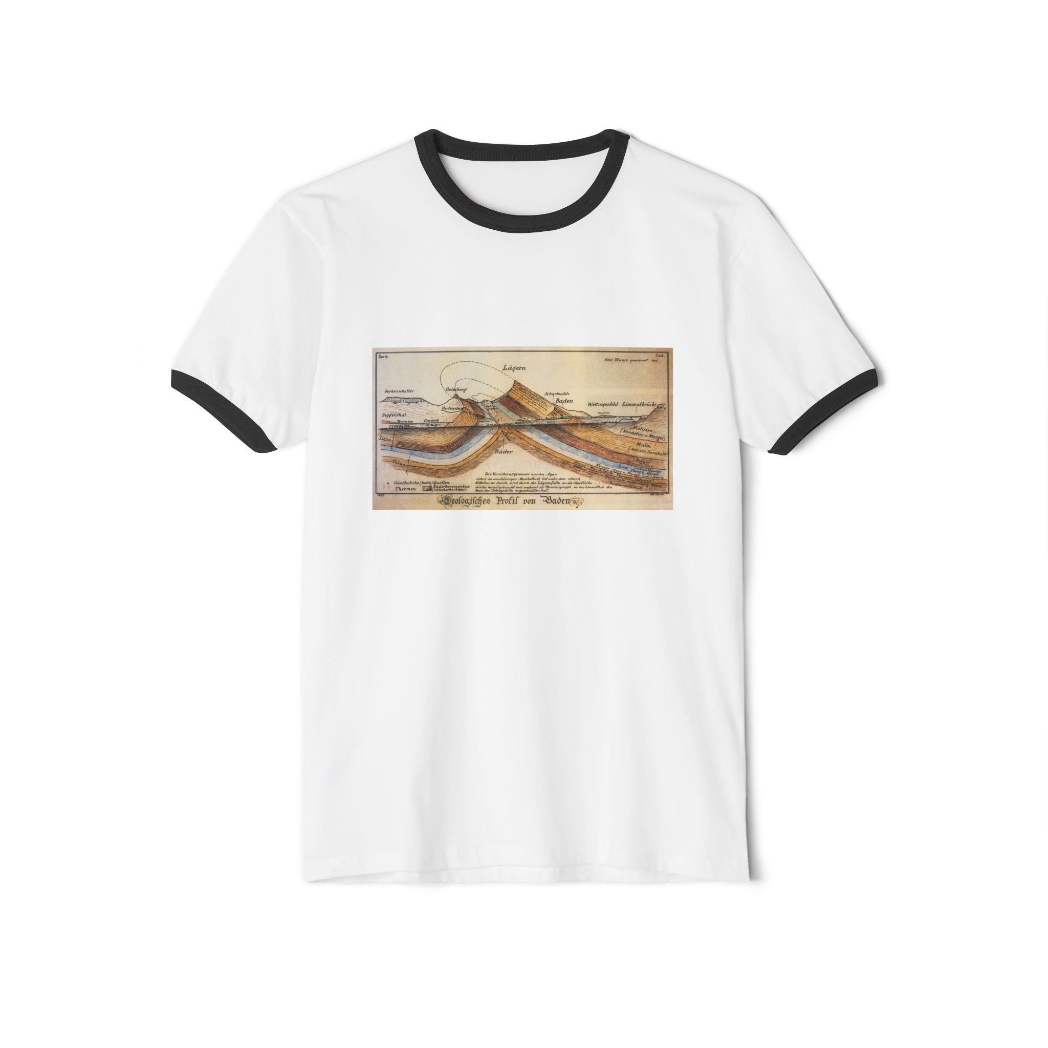 White/Black Funny Geology Ringer T-Shirt: Historic Collections - Albert Heim Geology Cross Section 1907