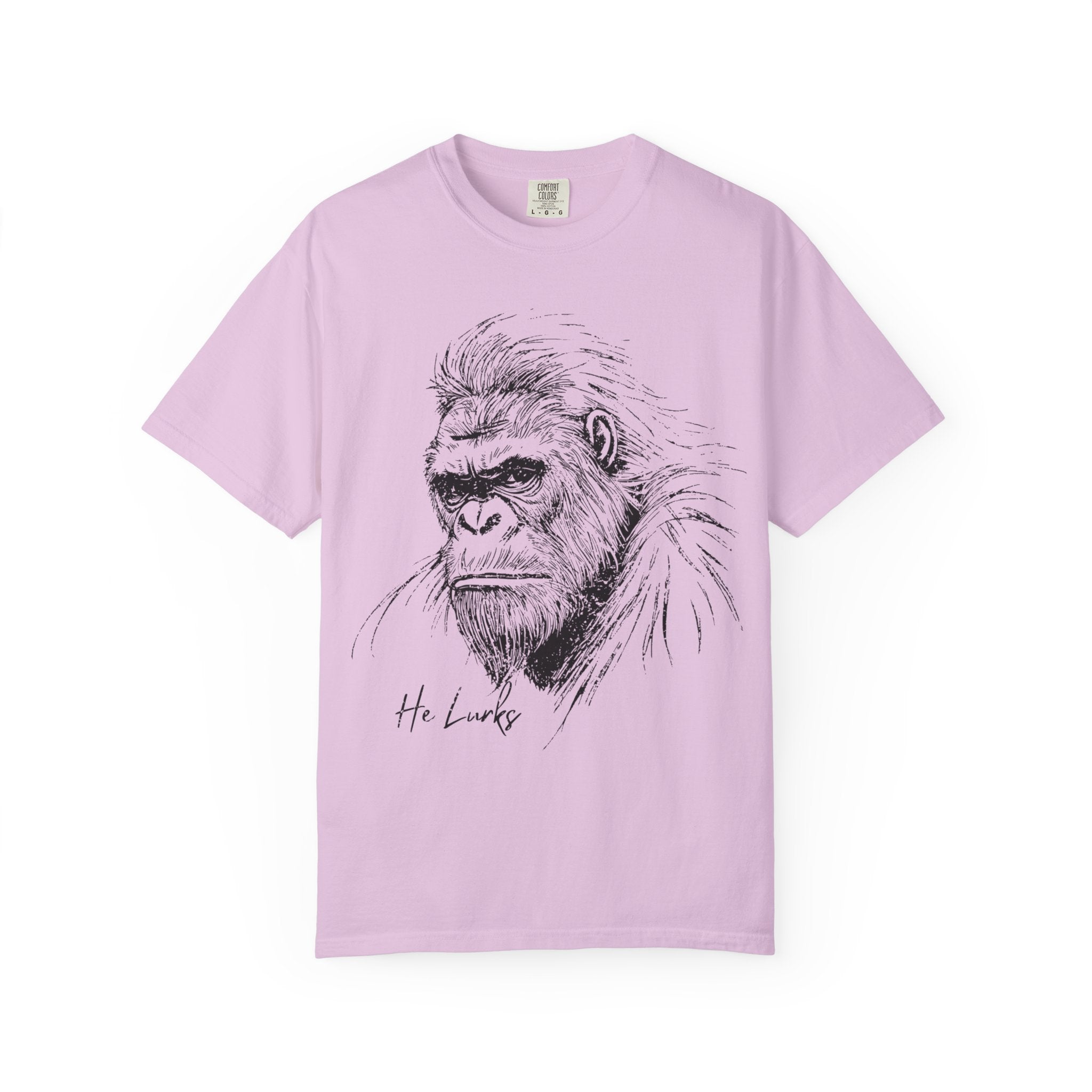 White Funny Geology T-Shirt: He Lurks - Bigfoot