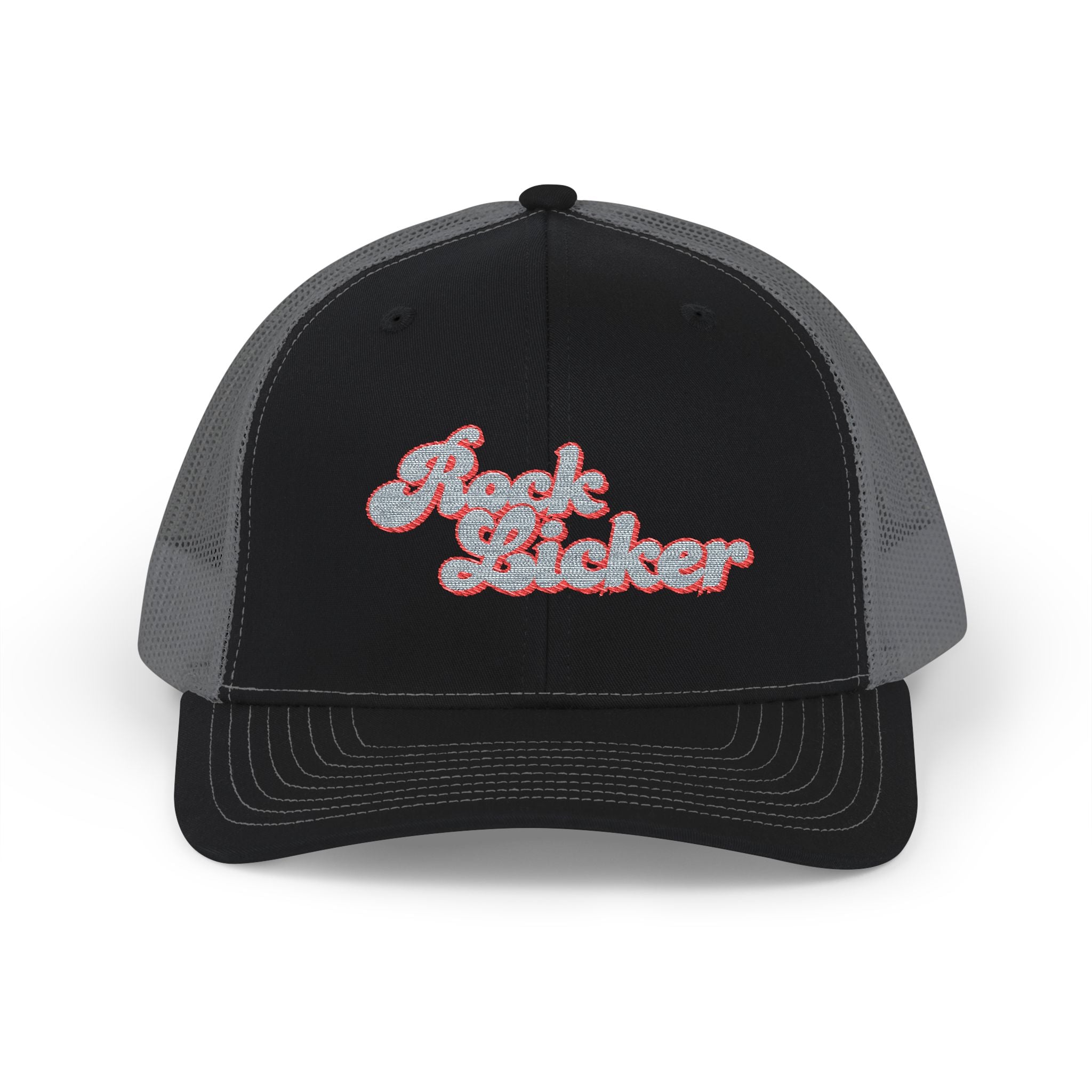 Hat: Embroidered Trucker Hat Rock Licker Blue Text  — Snapback