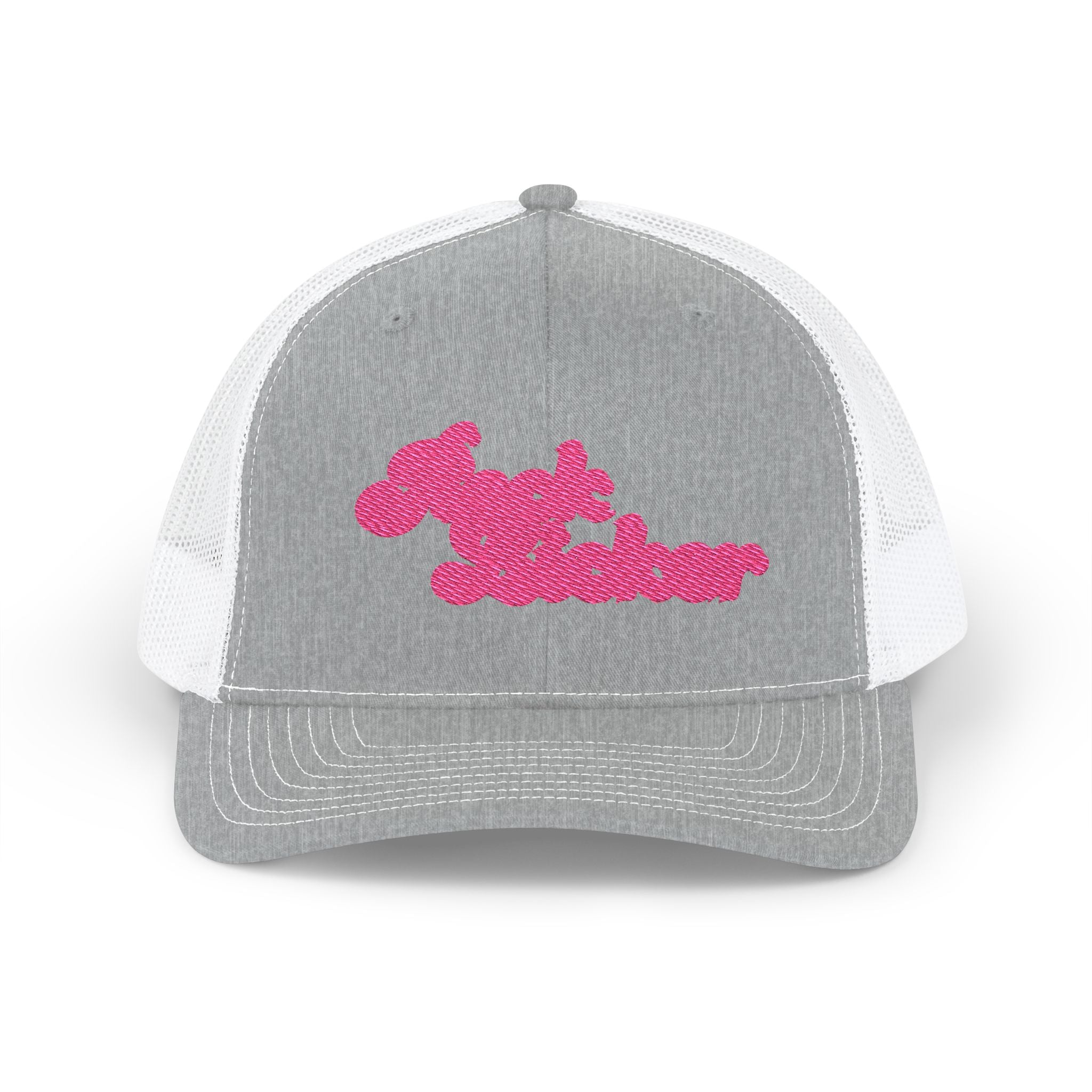 Hat: Embroidered Trucker Hat Rock Licker Pink Text  — Snapback