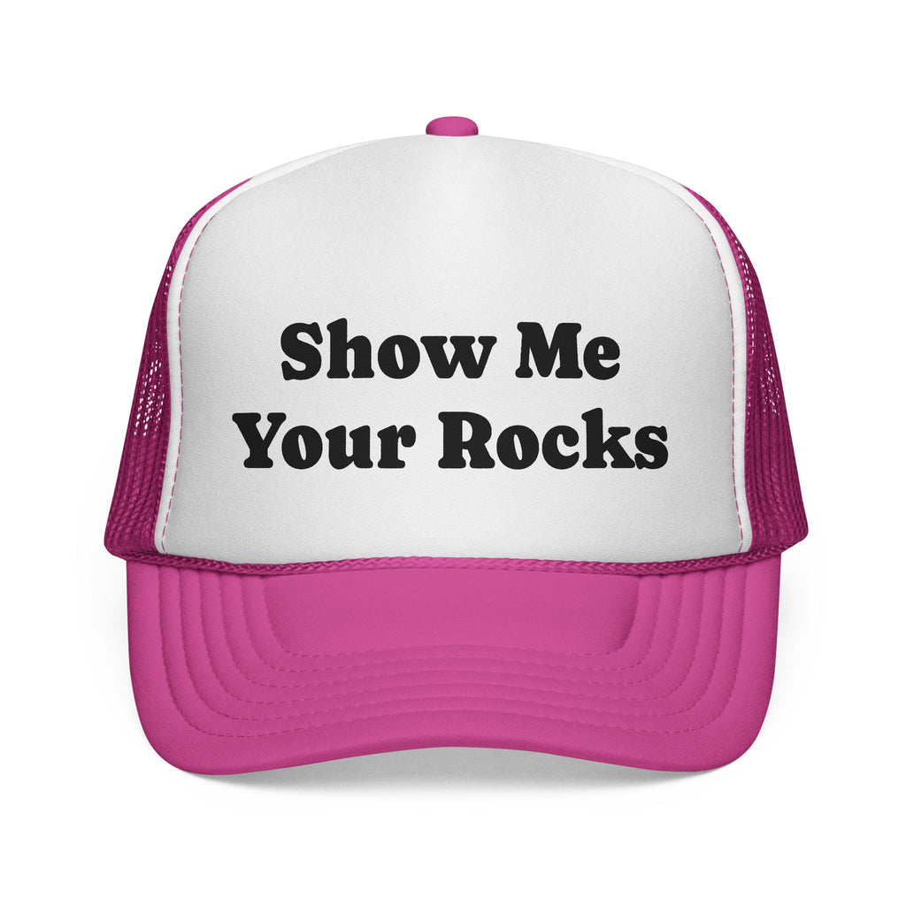 Show Me Your Rocks Trucker Hat – Funny Pink Mesh Cap for Rockhounds & Mineral Lovers