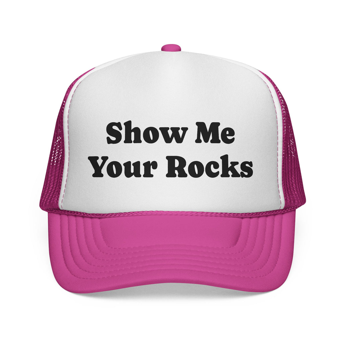 Show Me Your Rocks Trucker Hat – Funny Pink Mesh Cap for Rockhounds & Mineral Lovers