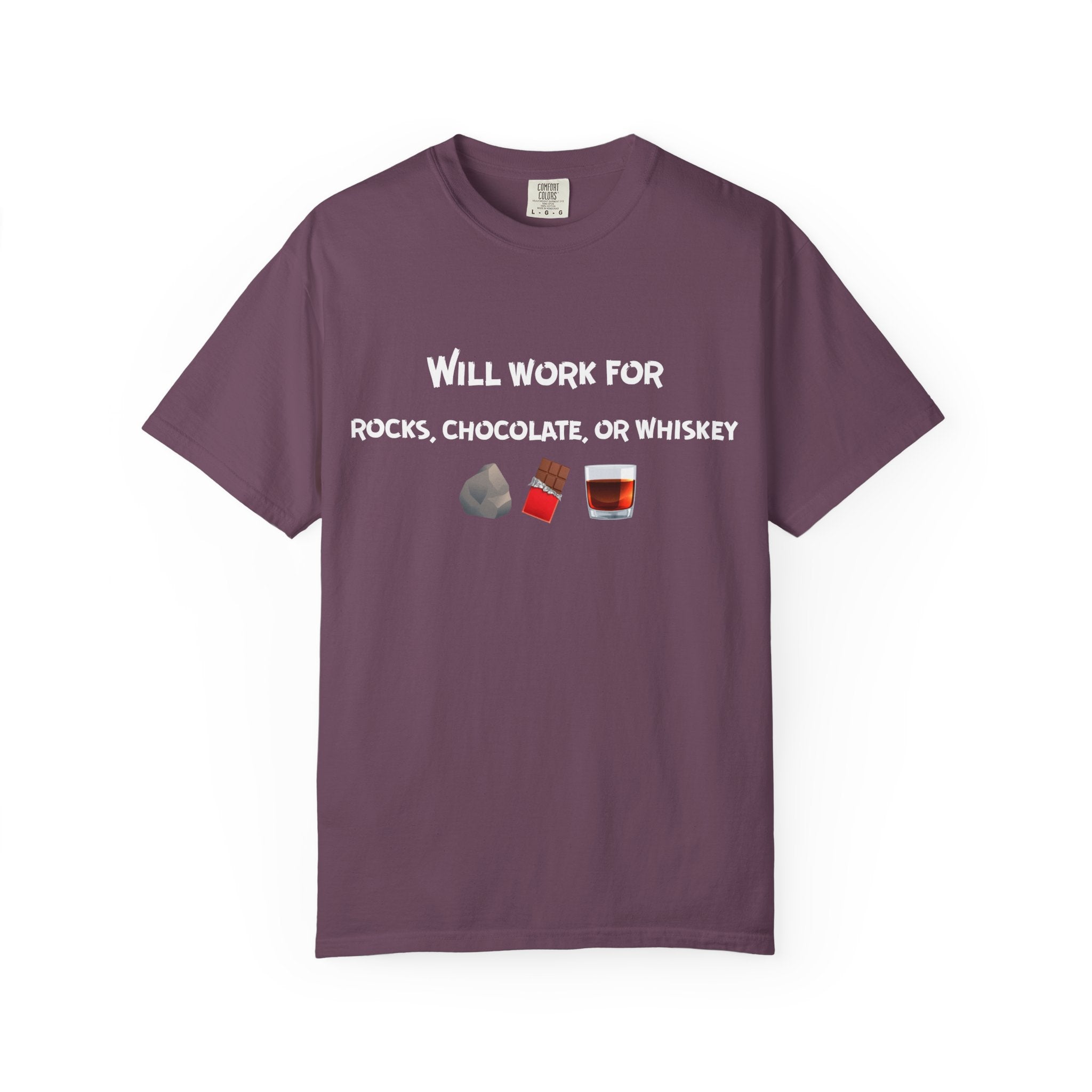 Blue Spruce Funny Geology T-Shirt: Will Work For Rocks, Chocolate, or Whiskey