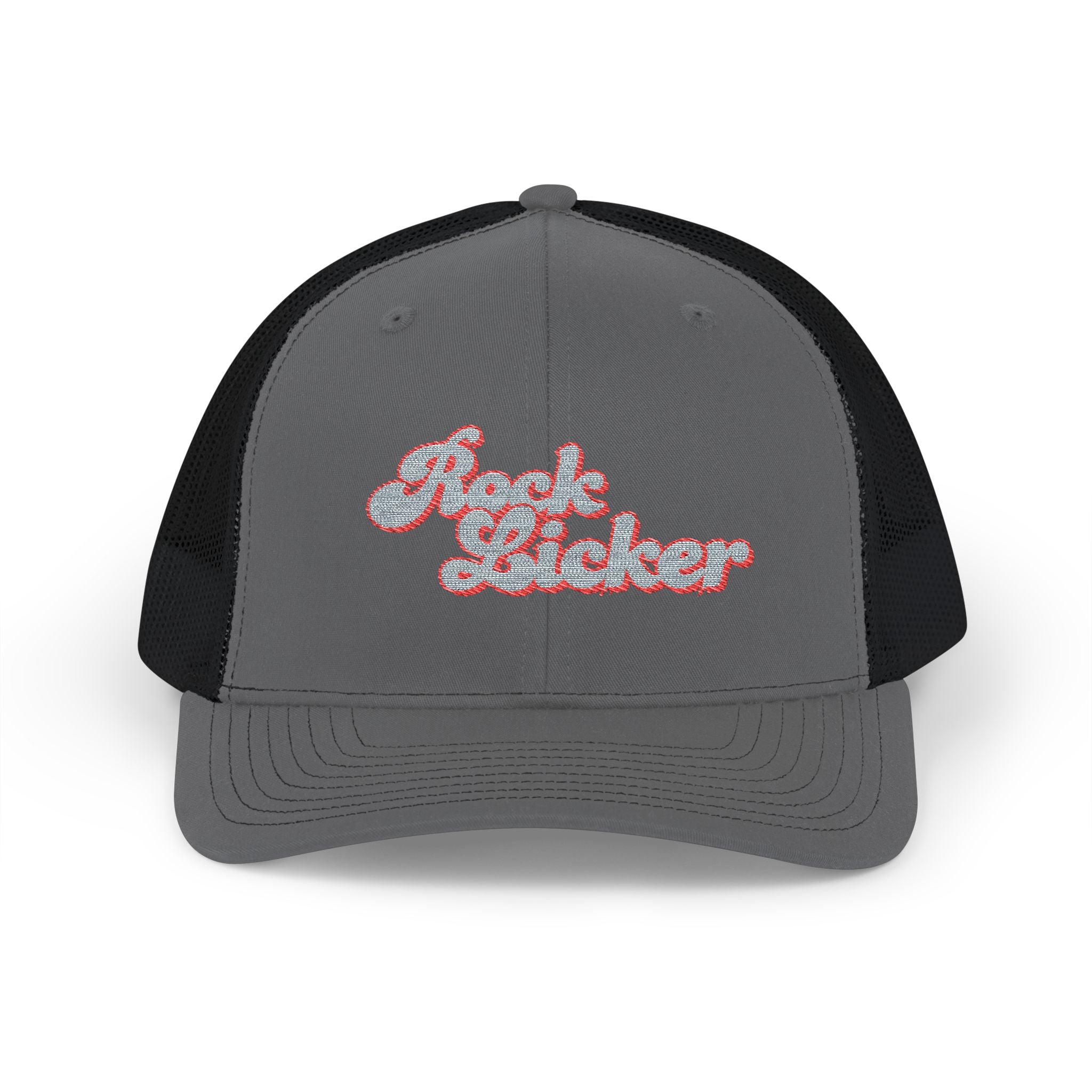 Hat: Embroidered Trucker Hat Rock Licker Blue Text  — Snapback