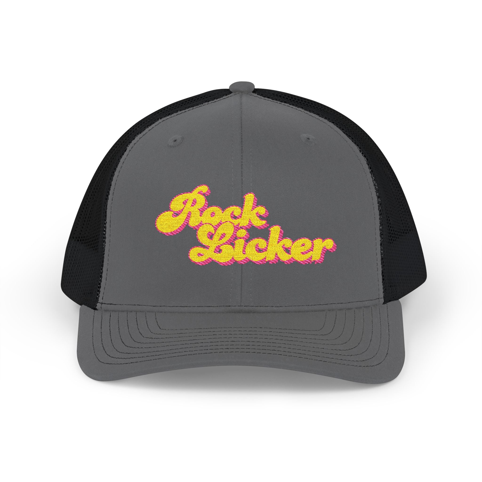 Hat: Embroidered Trucker Hat Rock Licker Yellow Text  — Snapback