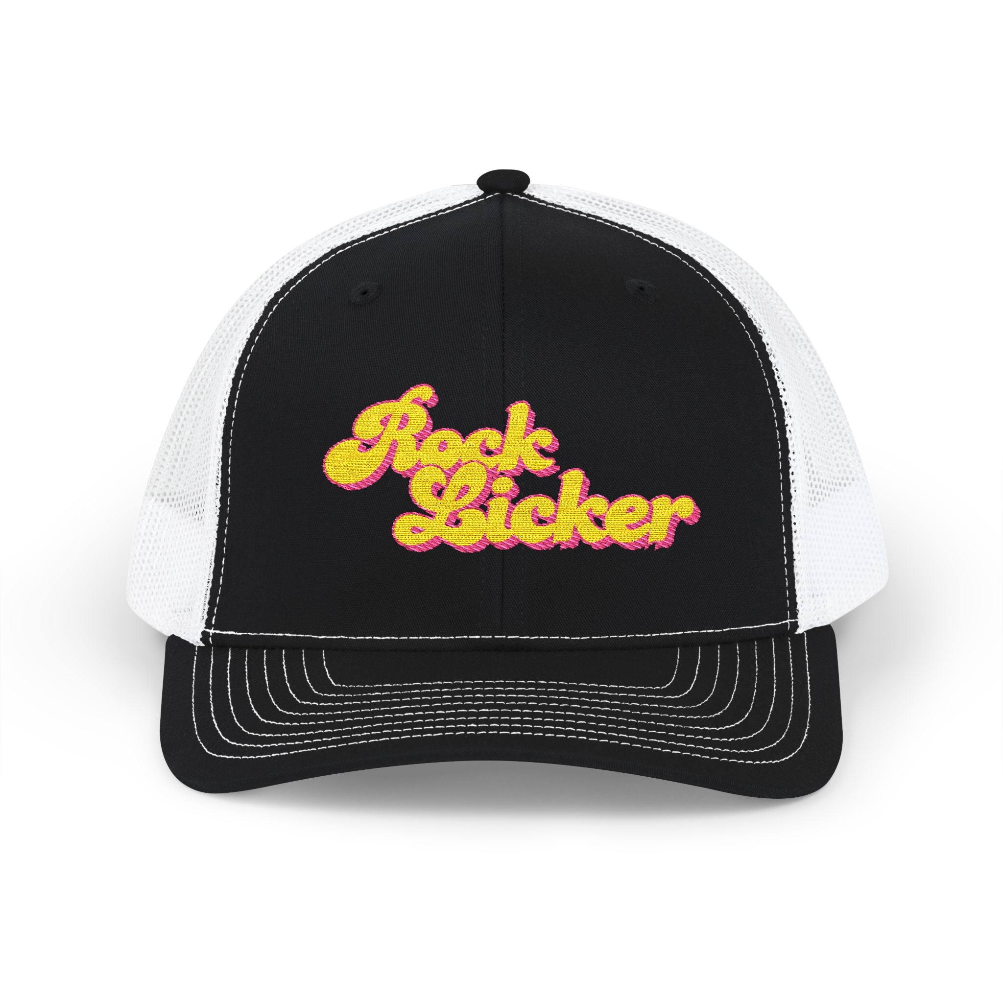 Hat: Embroidered Trucker Hat Rock Licker Yellow Text  — Snapback