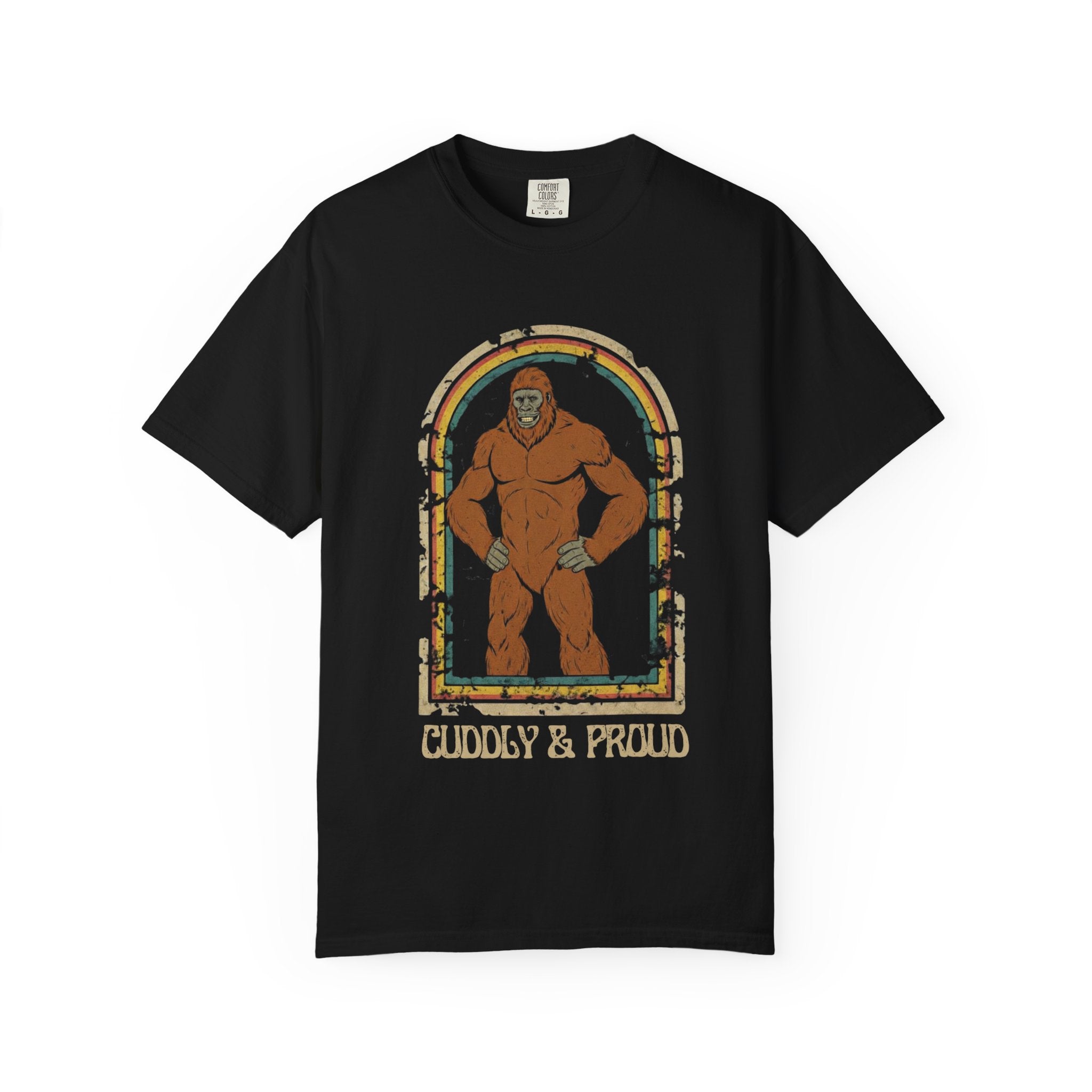 Black Funny Graphic Tees: Bigfoot - Cuddly & Proud