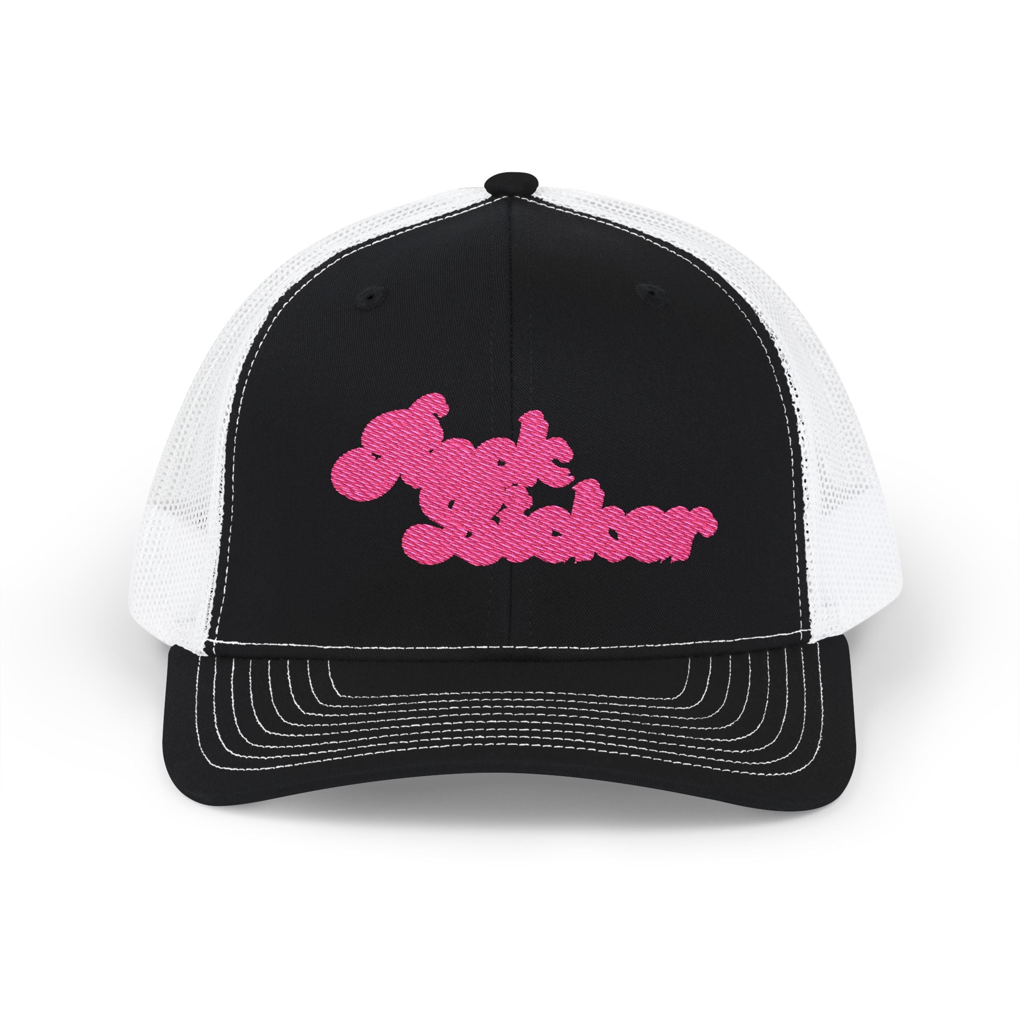Hat: Embroidered Trucker Hat Rock Licker Pink Text  — Snapback