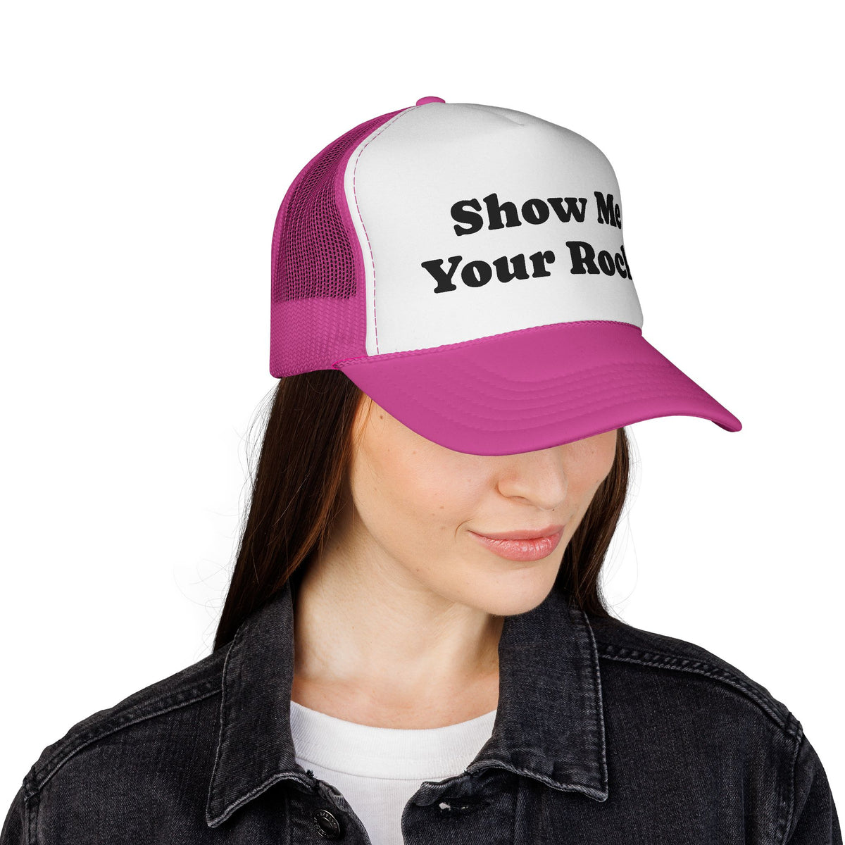 Show Me Your Rocks Trucker Hat – Funny Pink Mesh Cap for Rockhounds & Mineral Lovers