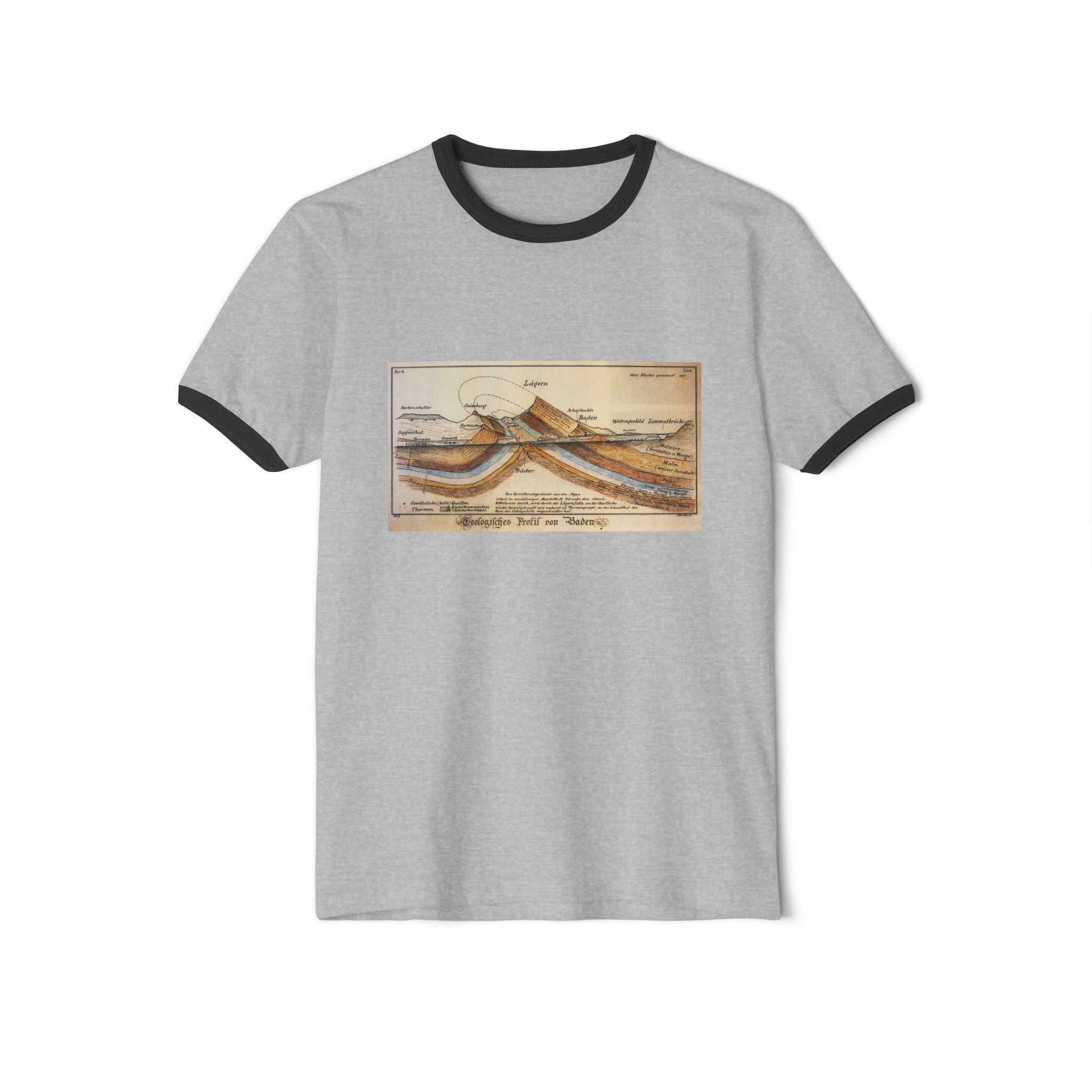 Natural/Black Funny Geology Ringer T-Shirt: Historic Collections - Albert Heim Geology Cross Section 1907