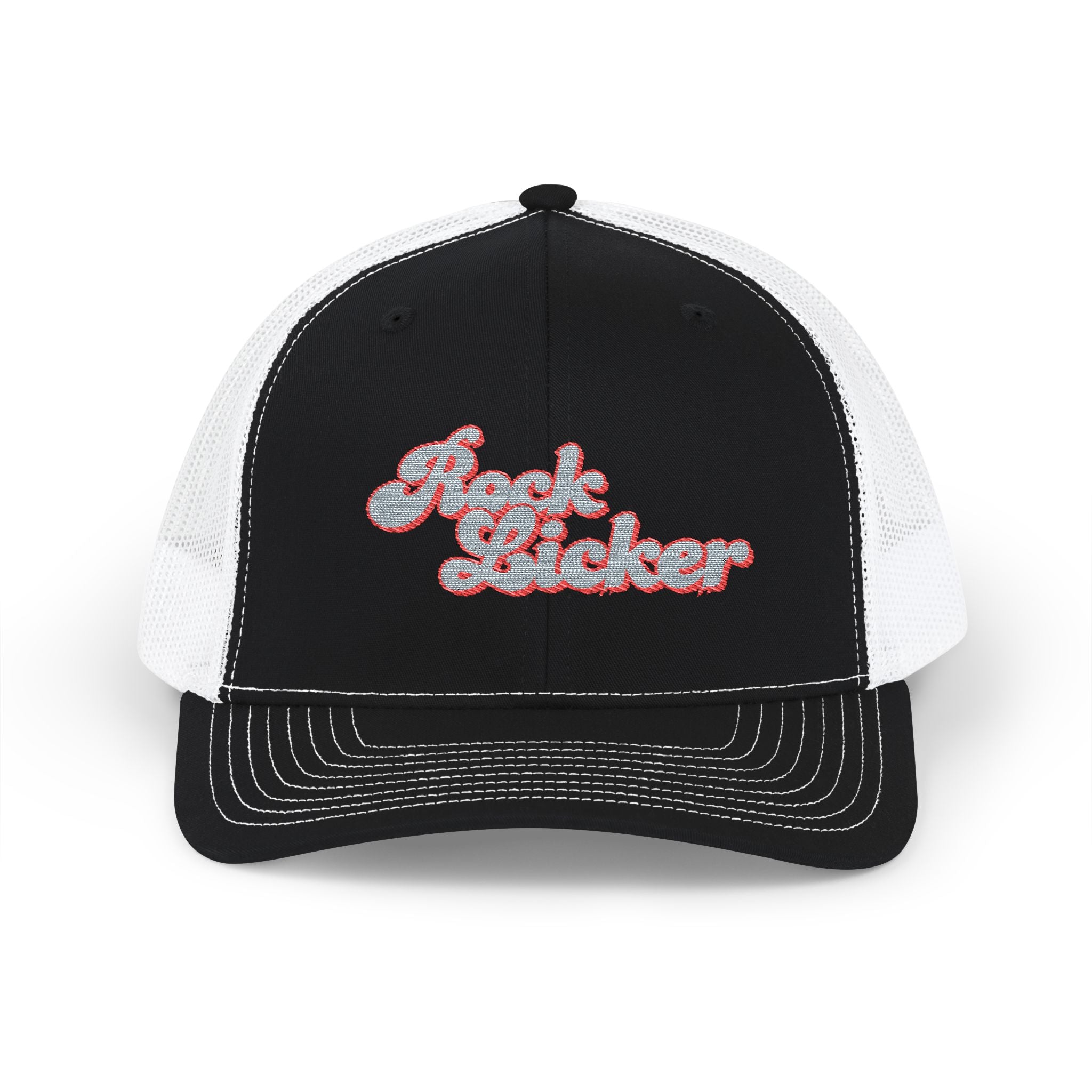 Hat: Embroidered Trucker Hat Rock Licker Blue Text  — Snapback