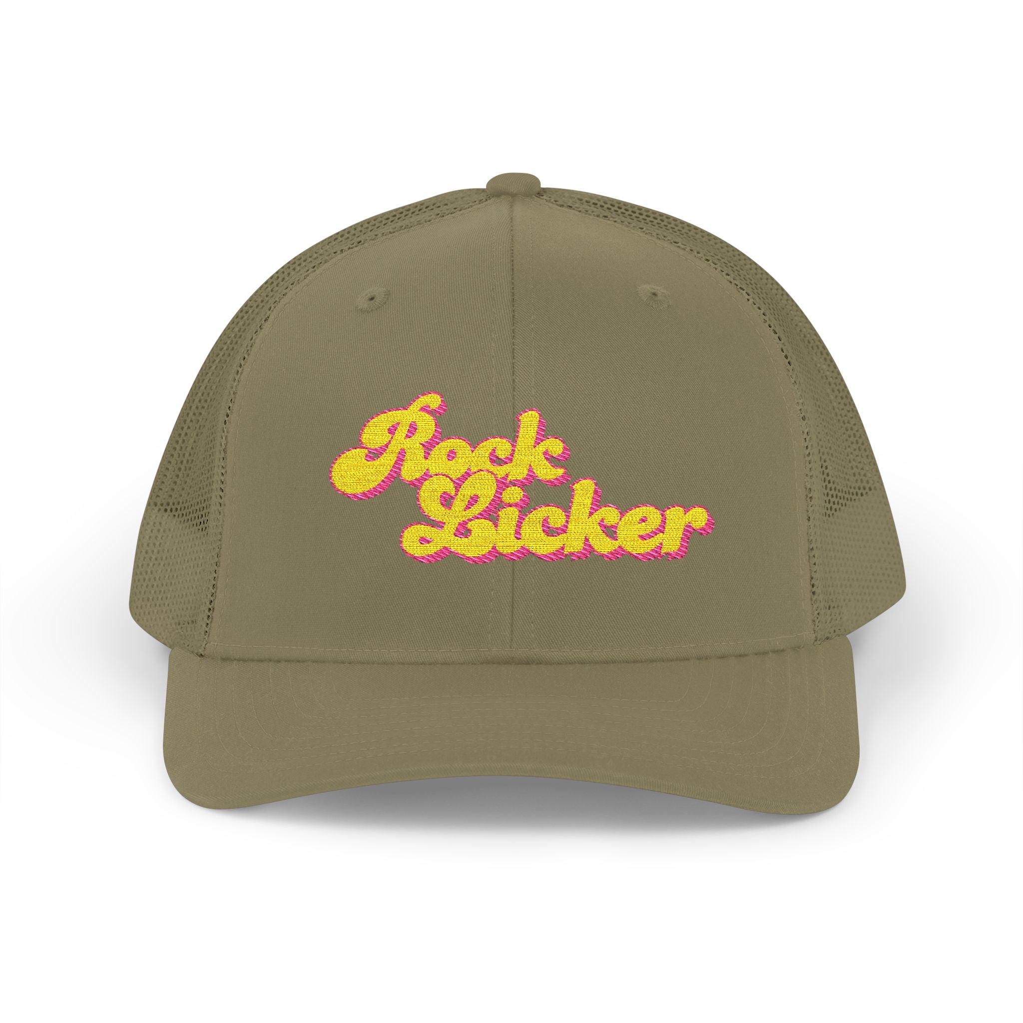 Hat: Embroidered Trucker Hat Rock Licker Yellow Text  — Snapback