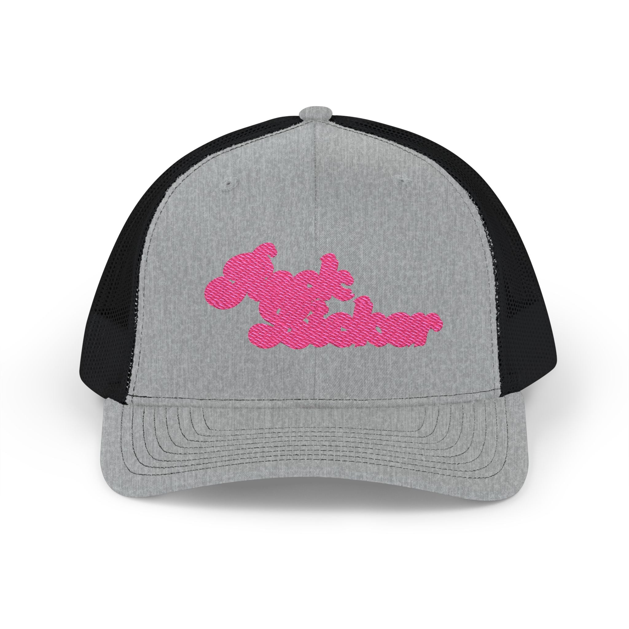 Hat: Embroidered Trucker Hat Rock Licker Pink Text  — Snapback