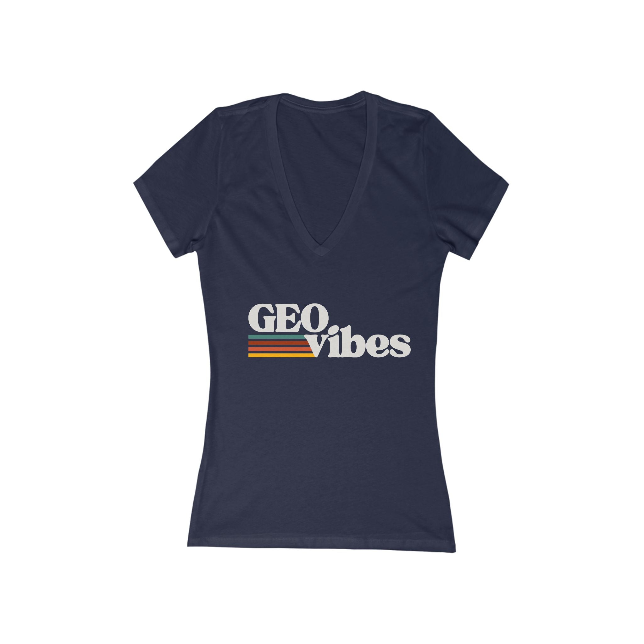 Women's V-Neck Tee: GEO Vibes white text
