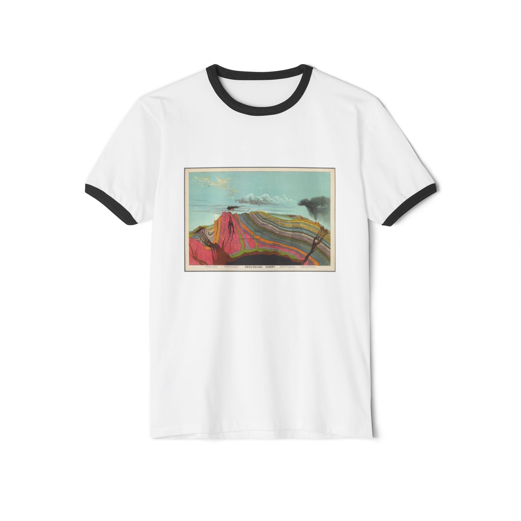 Natural/Black Funny Geology Ringer T-Shirt: Historic Collections - Levi Yaggy Geology Cross Section 1893