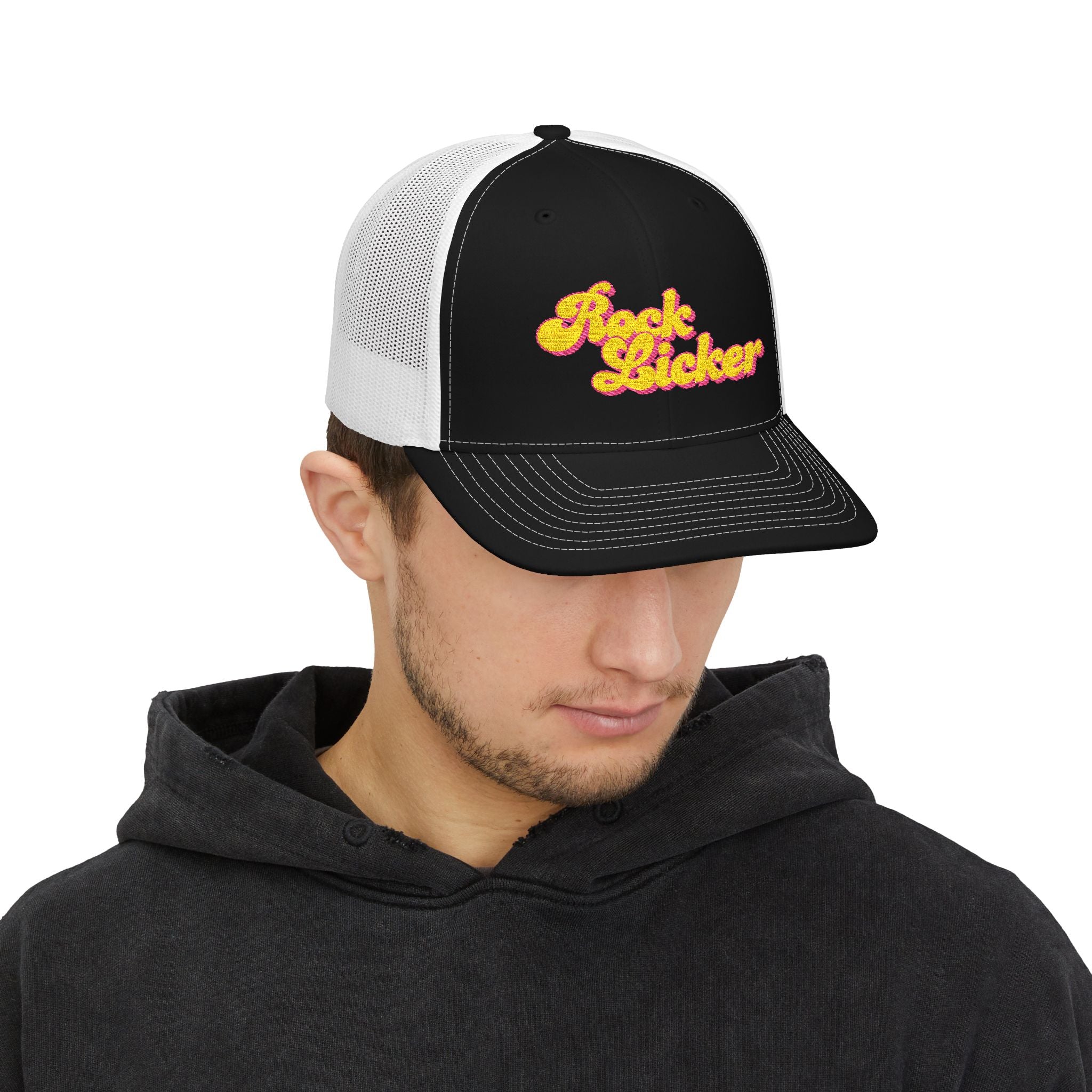 Hat: Embroidered Trucker Hat Rock Licker Yellow Text  — Snapback