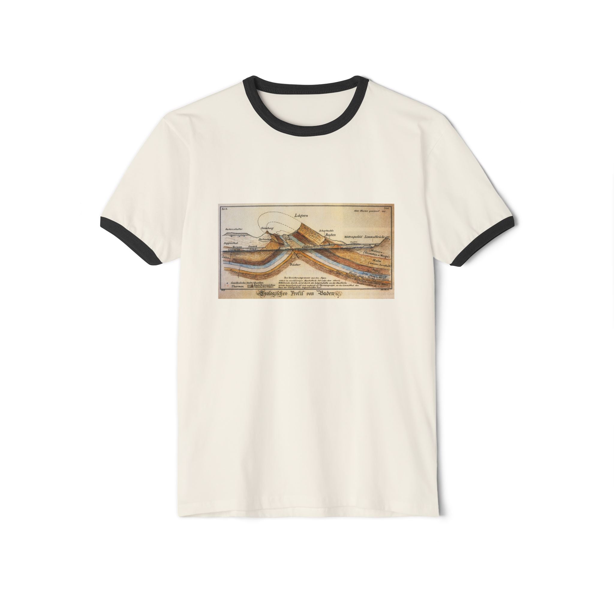 Heather Grey/Black Funny Geology Ringer T-Shirt: Historic Collections - Albert Heim Geology Cross Section 1907