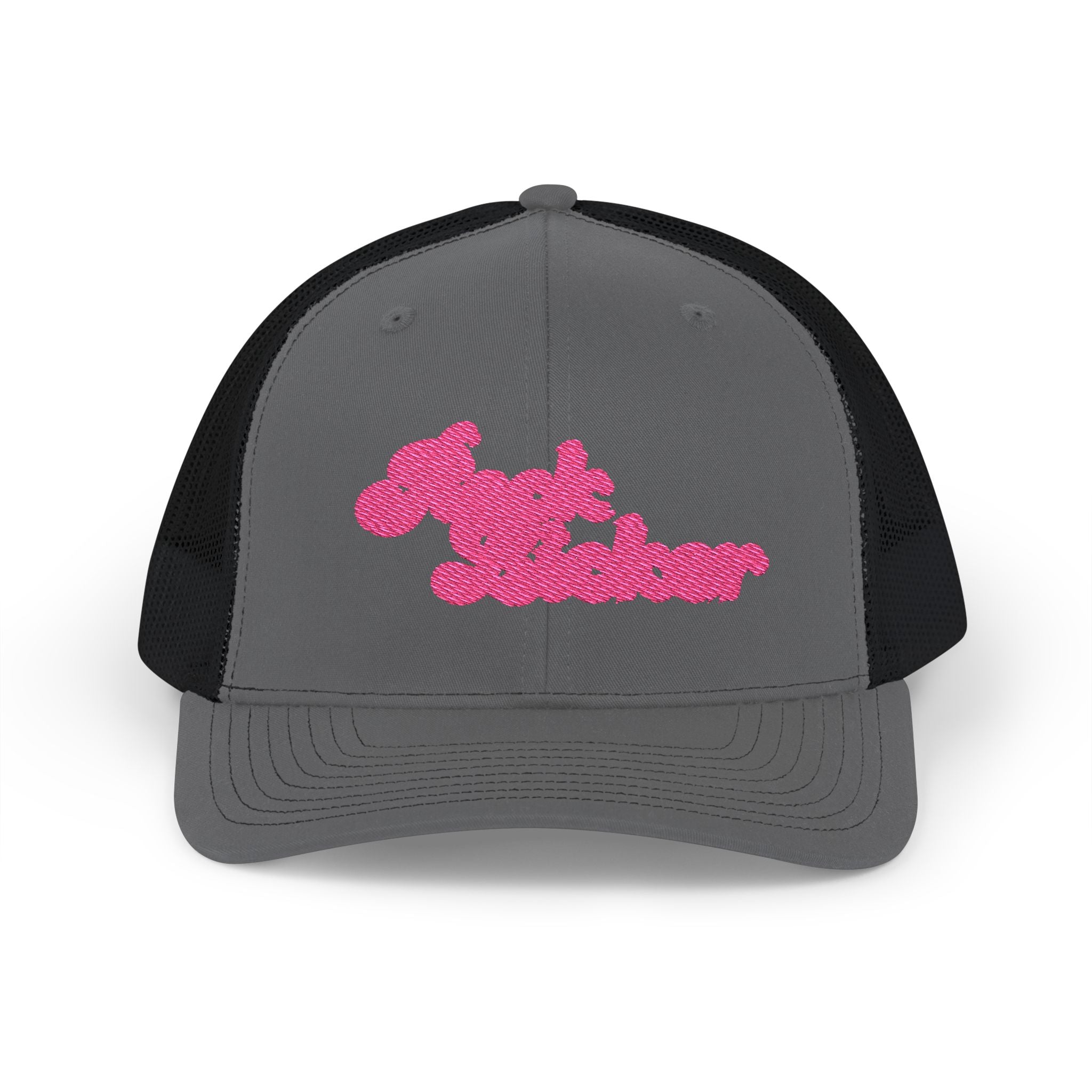 Hat: Embroidered Trucker Hat Rock Licker Pink Text  — Snapback