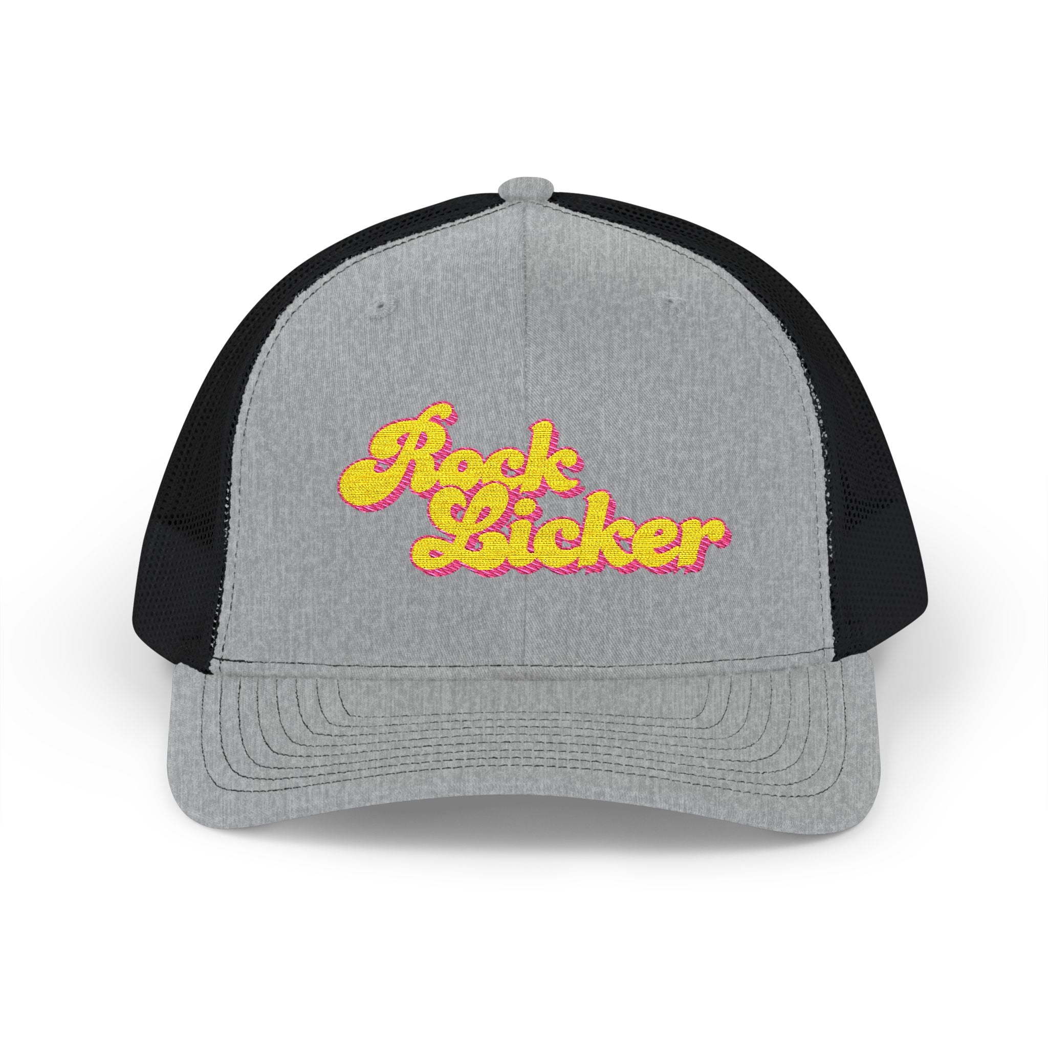 Hat: Embroidered Trucker Hat Rock Licker Yellow Text  — Snapback
