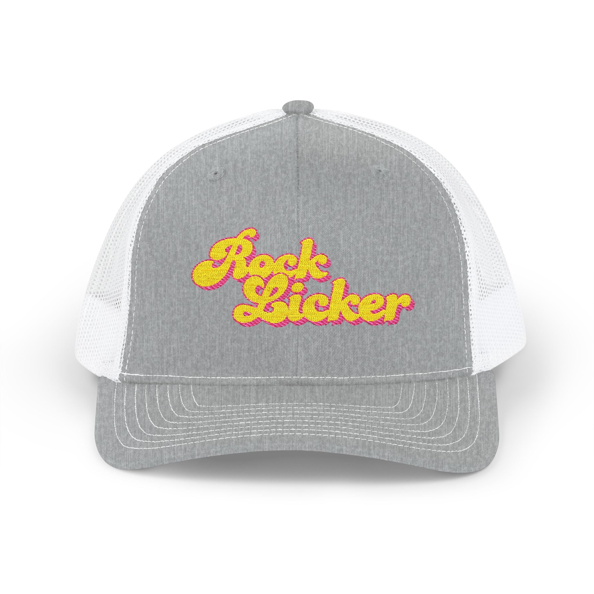 Hat: Embroidered Trucker Hat Rock Licker Yellow Text  — Snapback