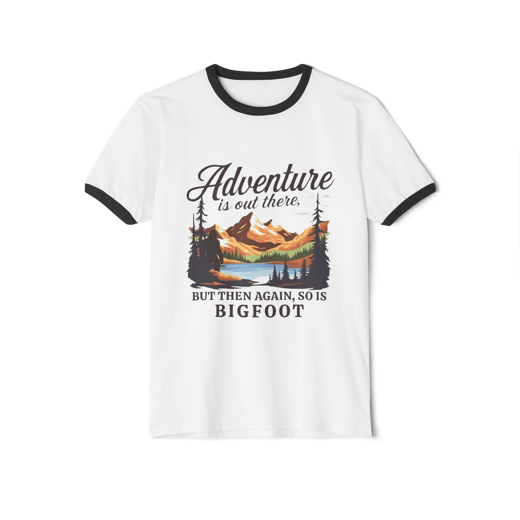 White/Black Funny Geology Ringer T-Shirt: Adventure is out there, but then again, so is Bigfoot