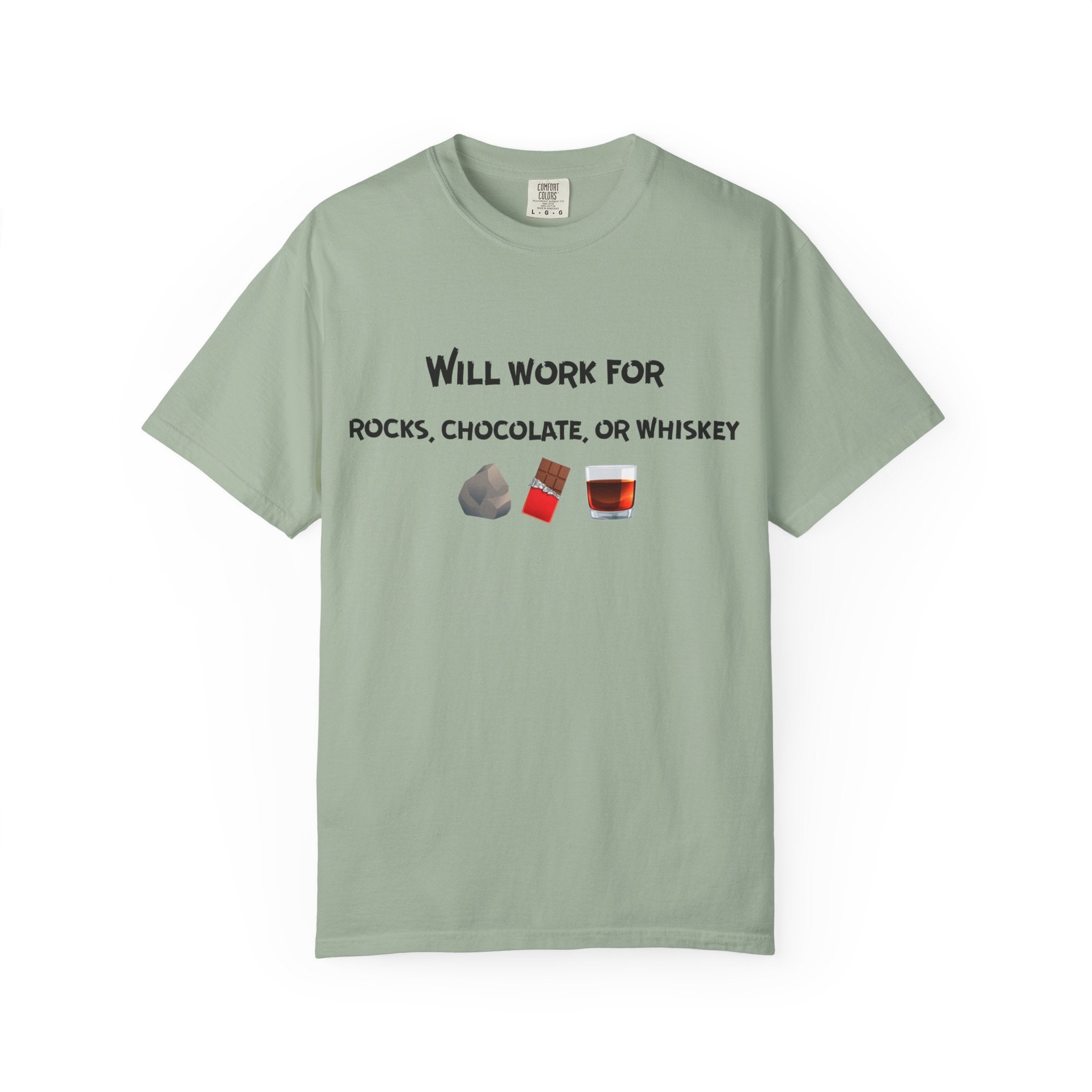 True Navy Funny Geology T-Shirt: Will Work For Rocks, Chocolate, or Whiskey