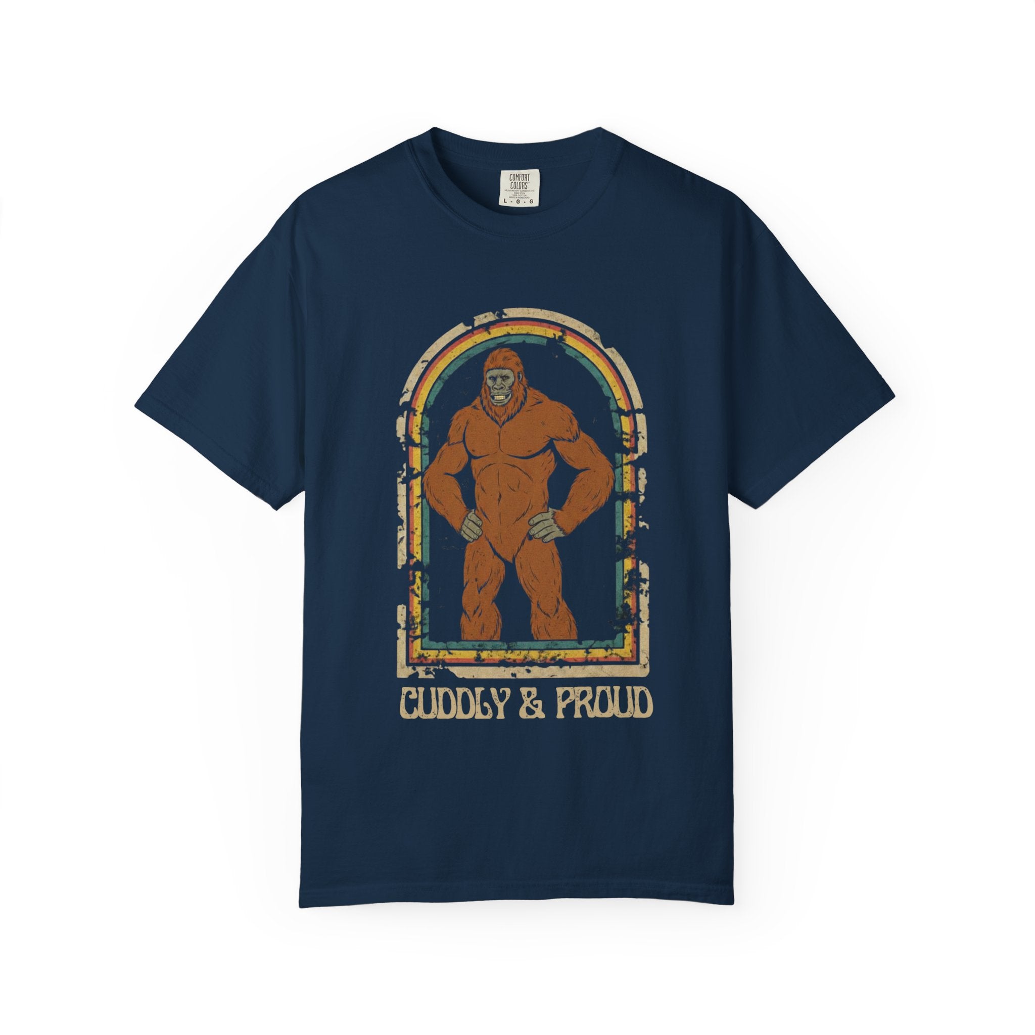 True Navy Funny Graphic Tees: Bigfoot - Cuddly & Proud