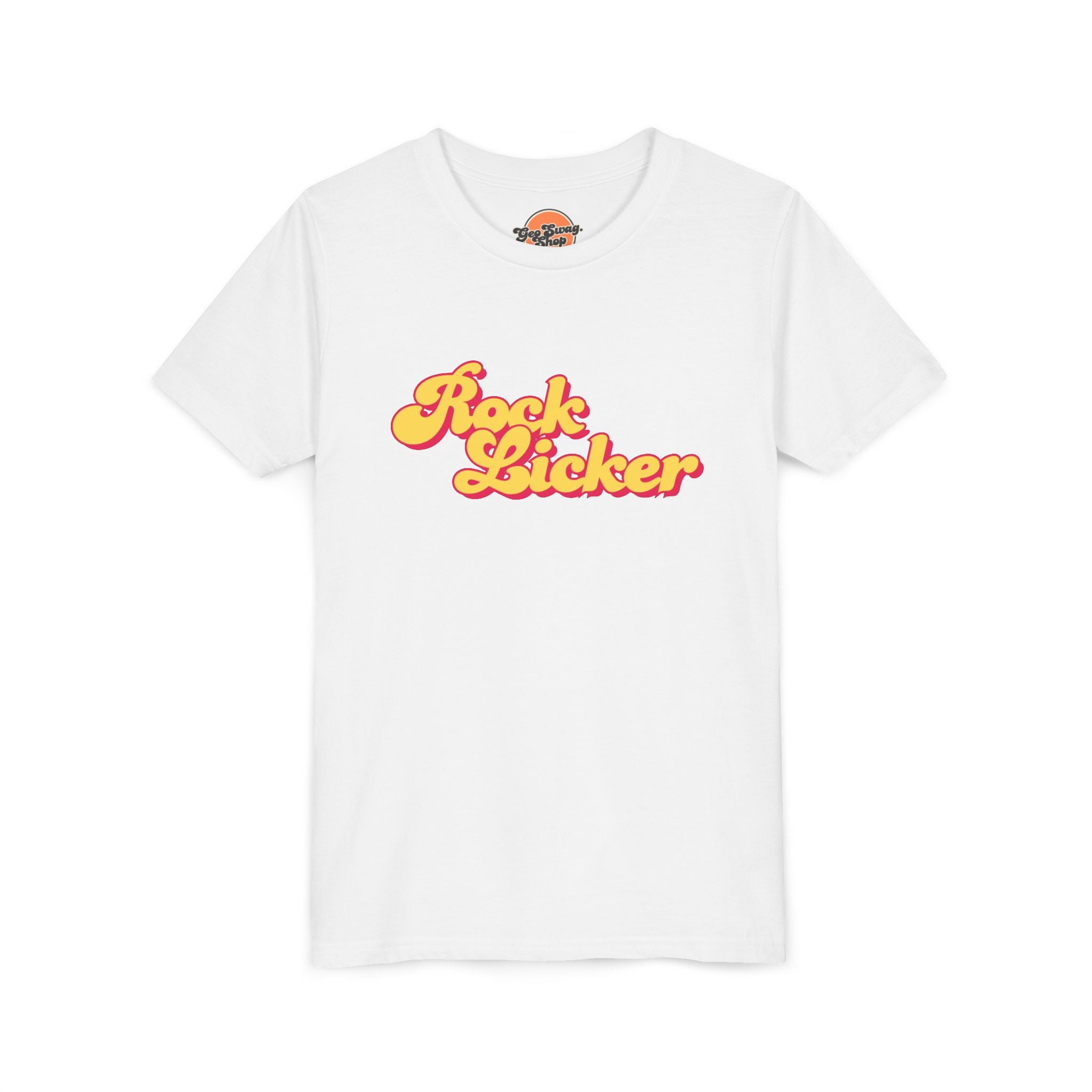 White Youth Geology T-Shirt: Rock Licker Yellow Text