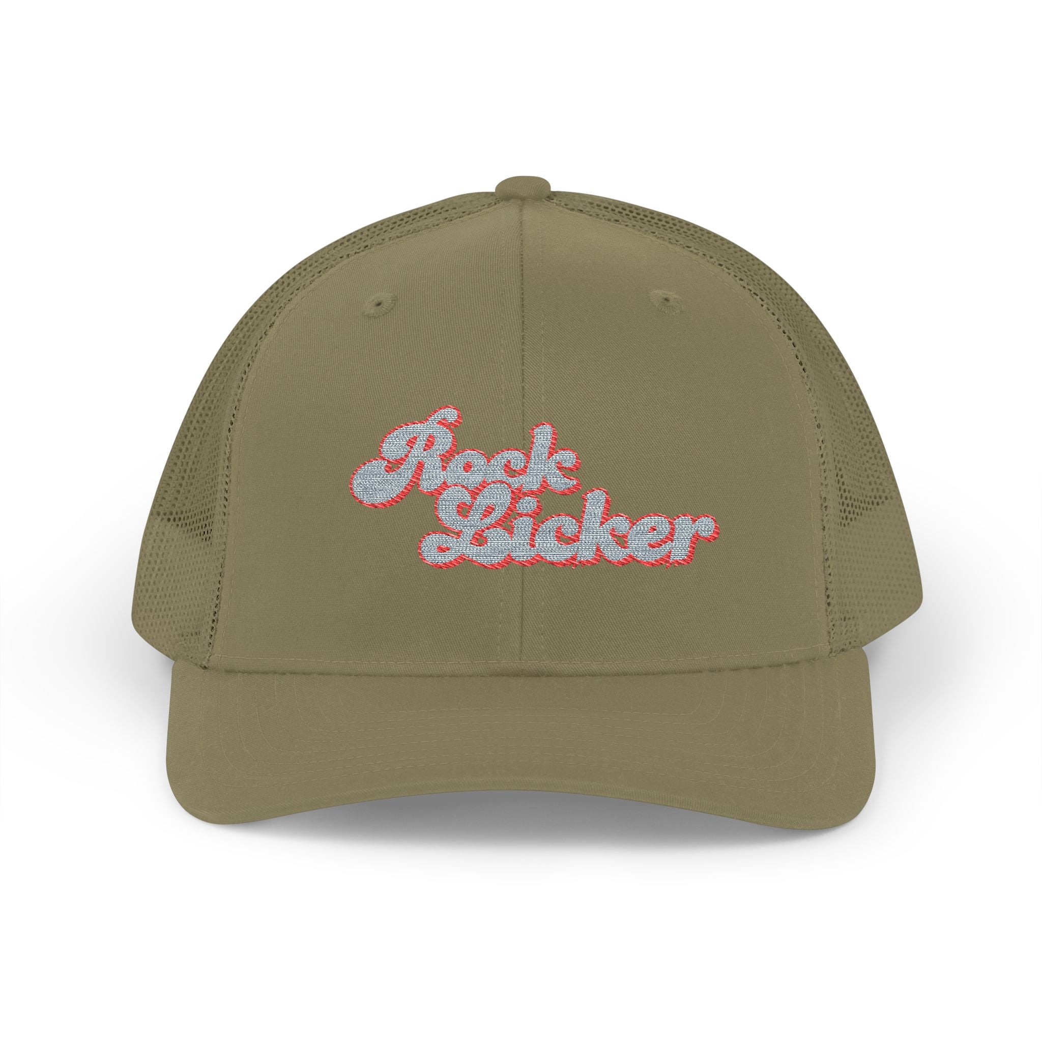 Hat: Embroidered Trucker Hat Rock Licker Blue Text  — Snapback
