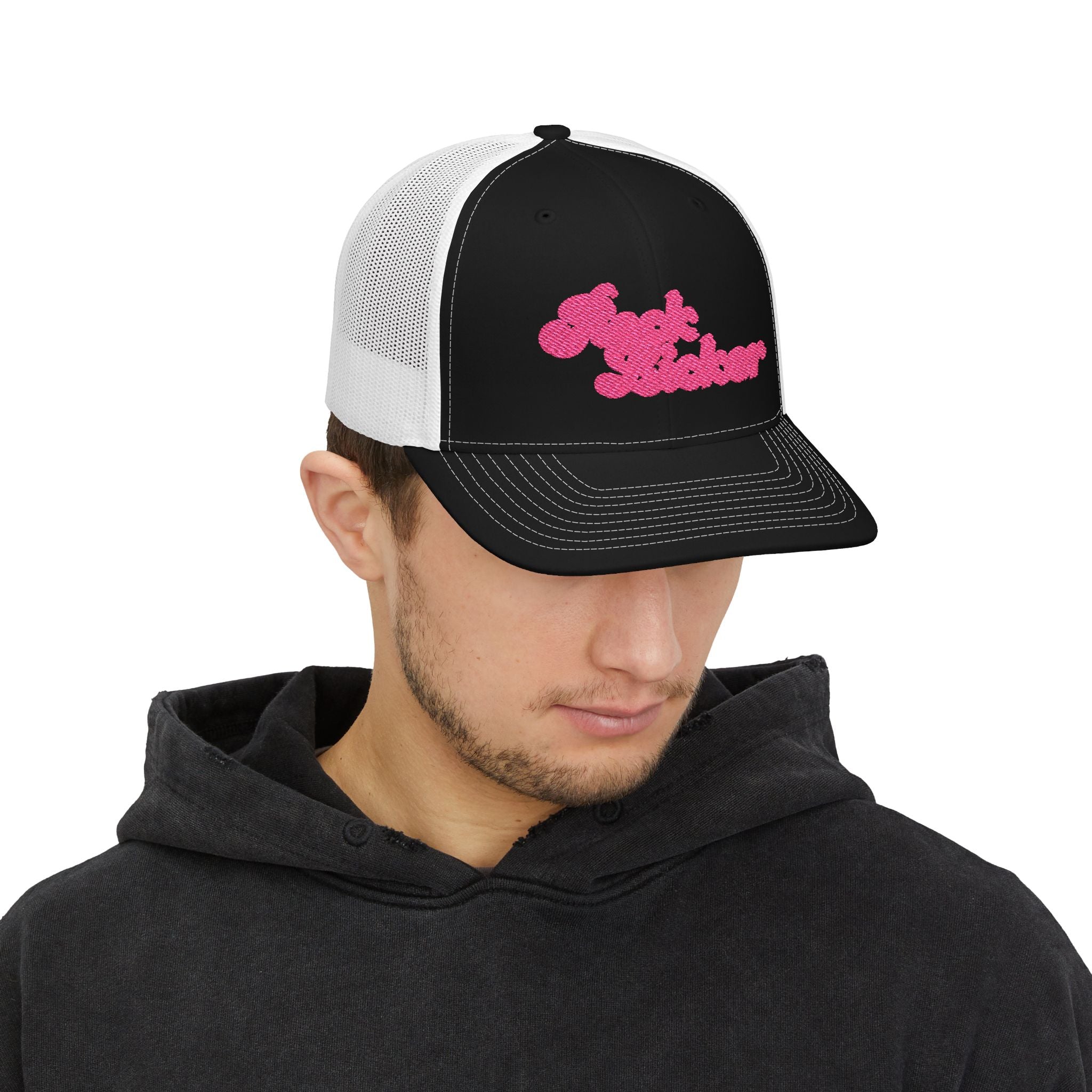 Hat: Embroidered Trucker Hat Rock Licker Pink Text  — Snapback