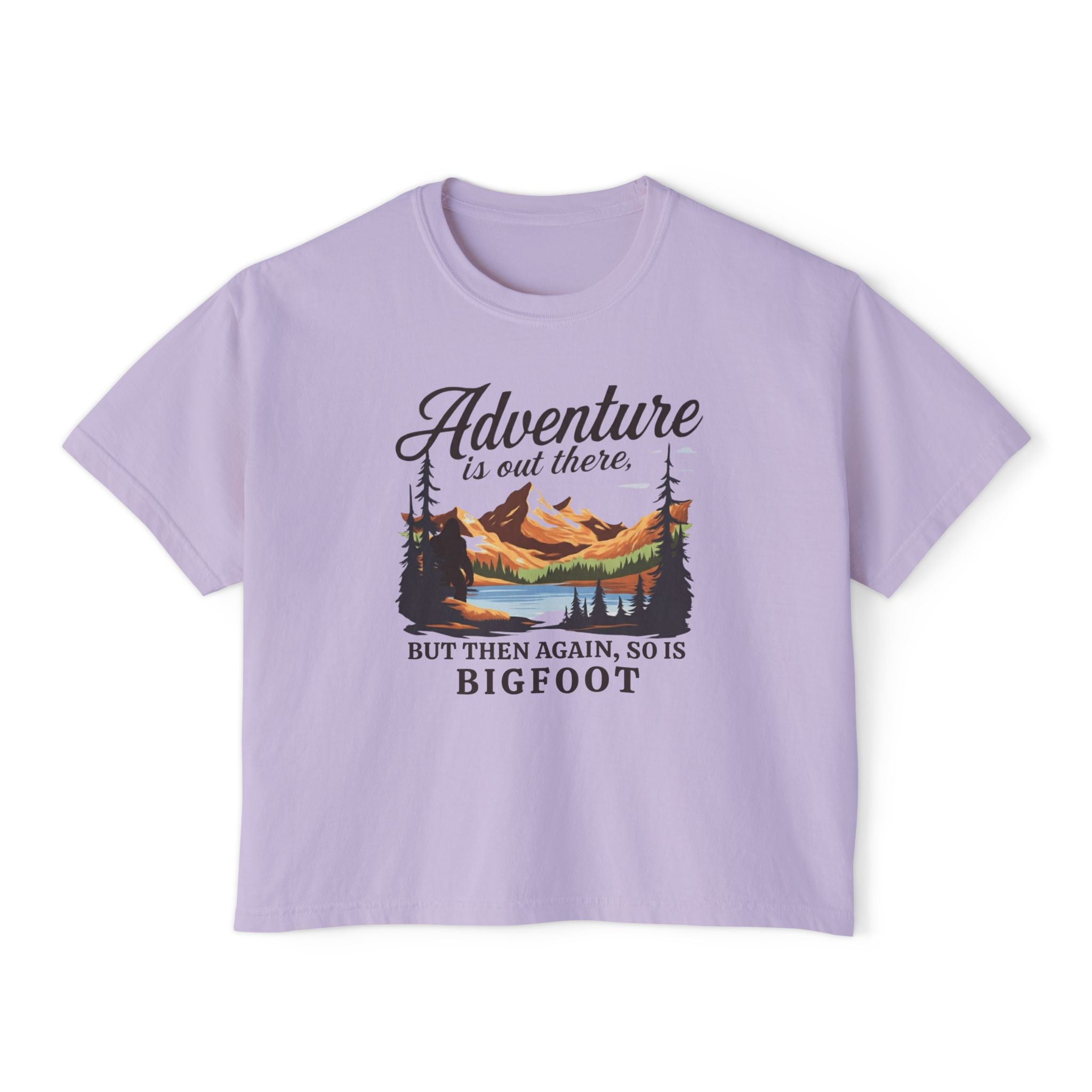 White Women's Bigfoot T-Shirt -  Adventure is out there. 