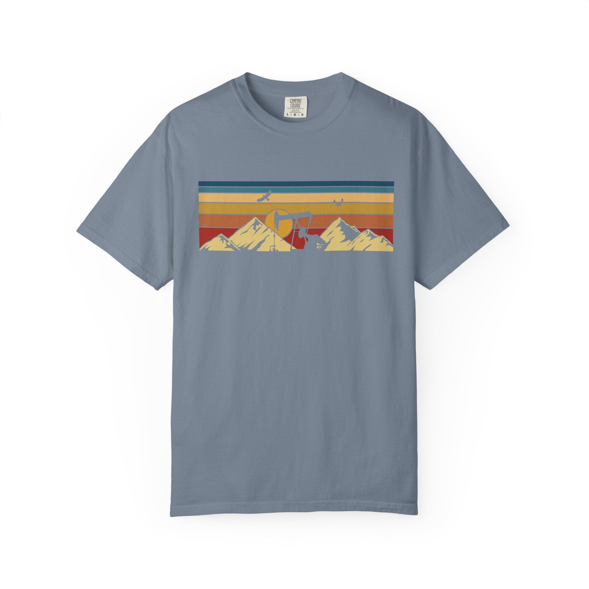 True Navy Funny Geology T-Shirt -  Sunset Pumpjack in the Rocky Mountains