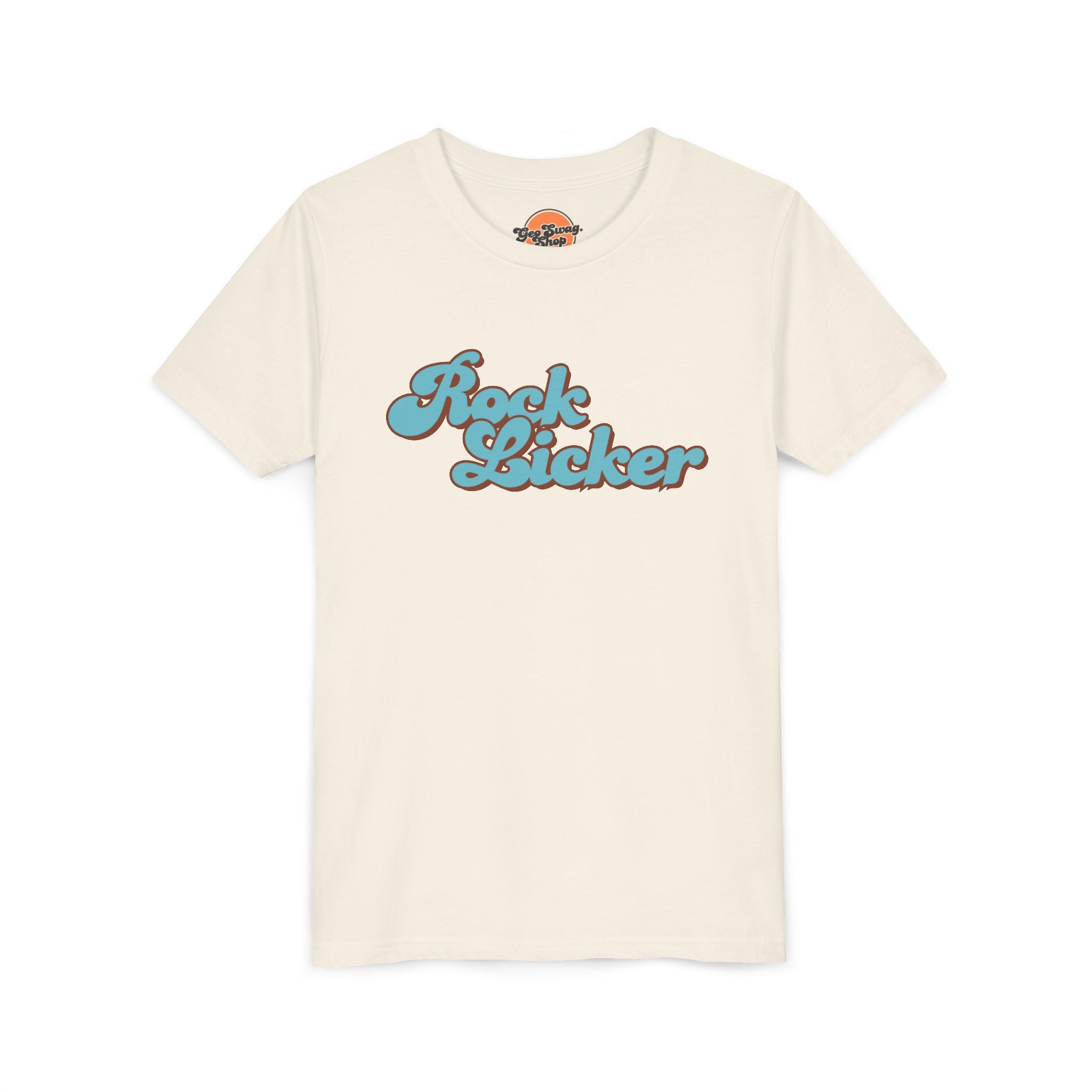 White Youth Geology T-Shirt: Rock Licker Blue Text