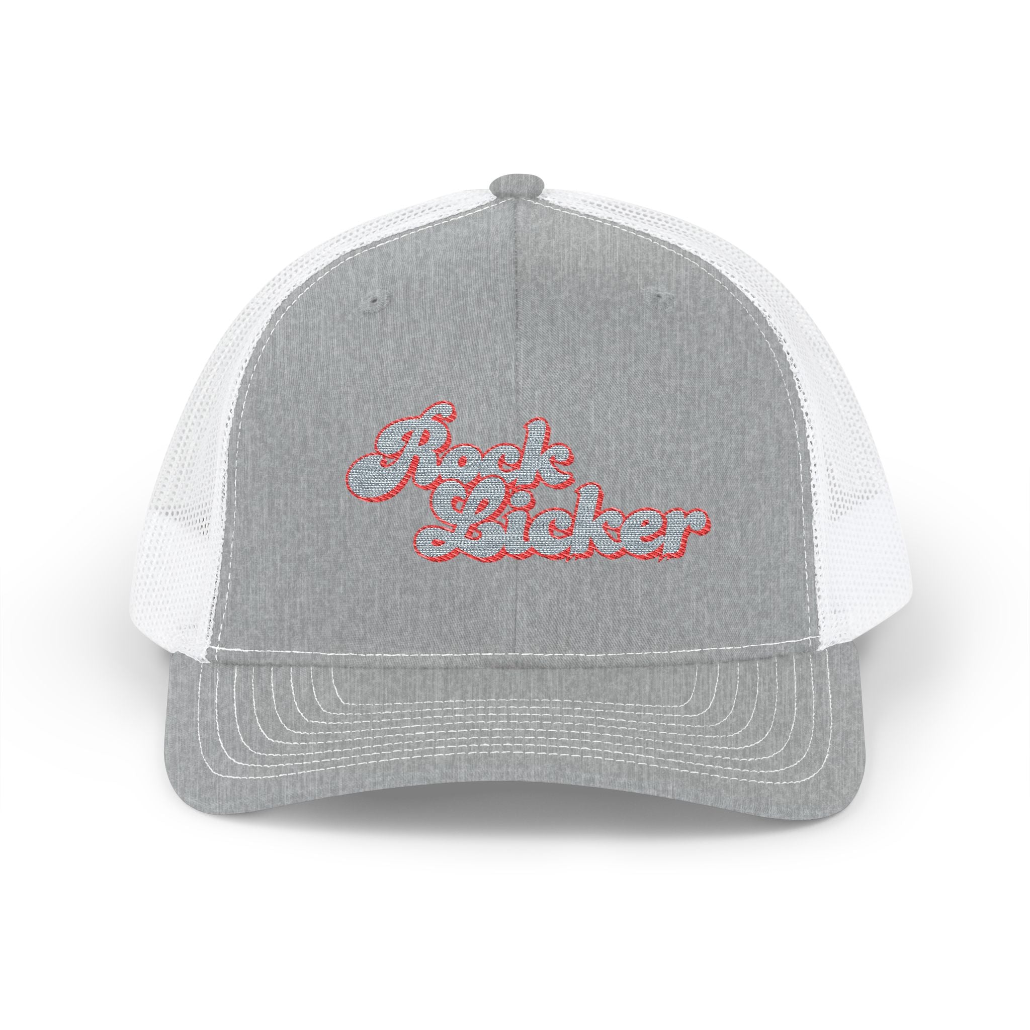 Hat: Embroidered Trucker Hat Rock Licker Blue Text  — Snapback