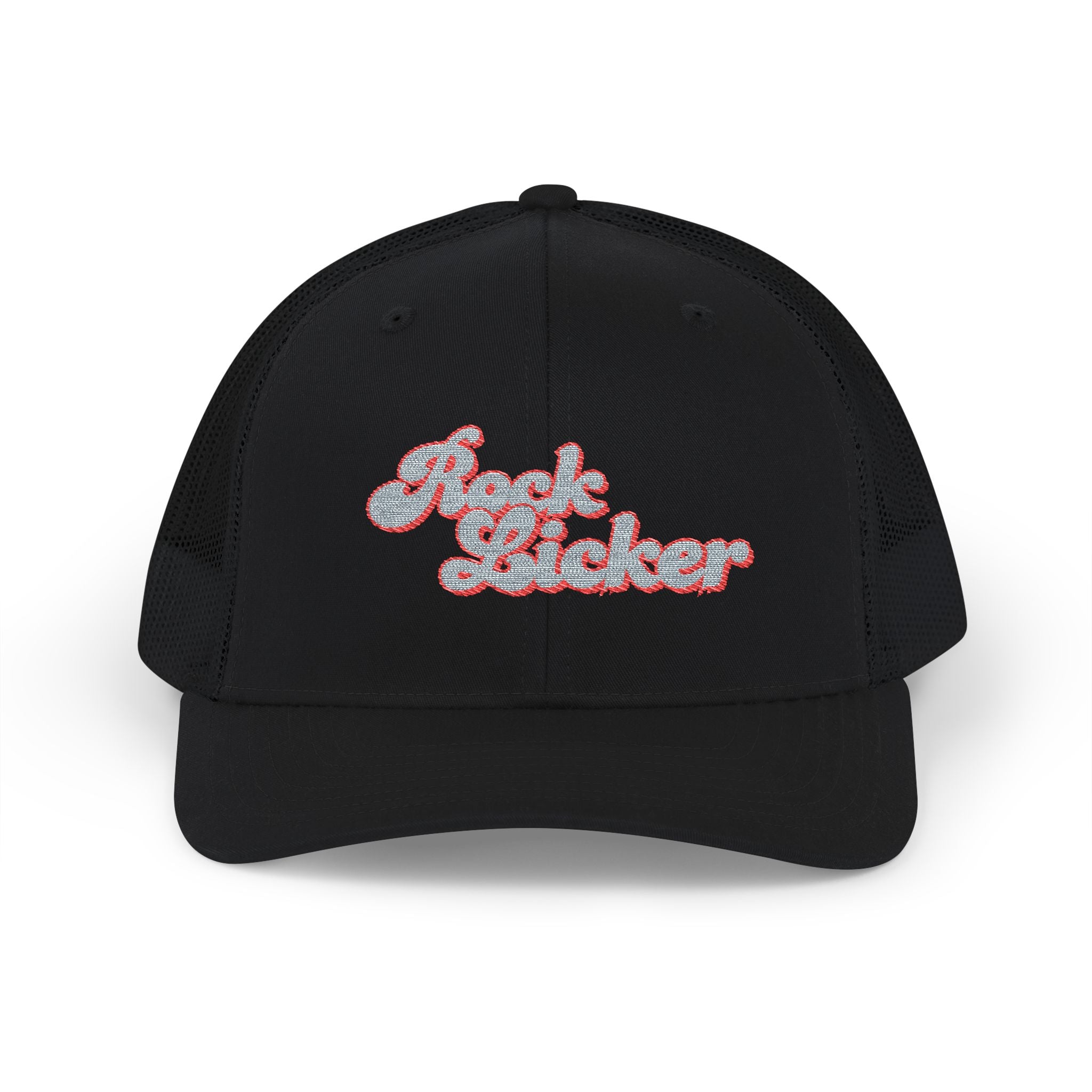 Hat: Embroidered Trucker Hat Rock Licker Blue Text  — Snapback