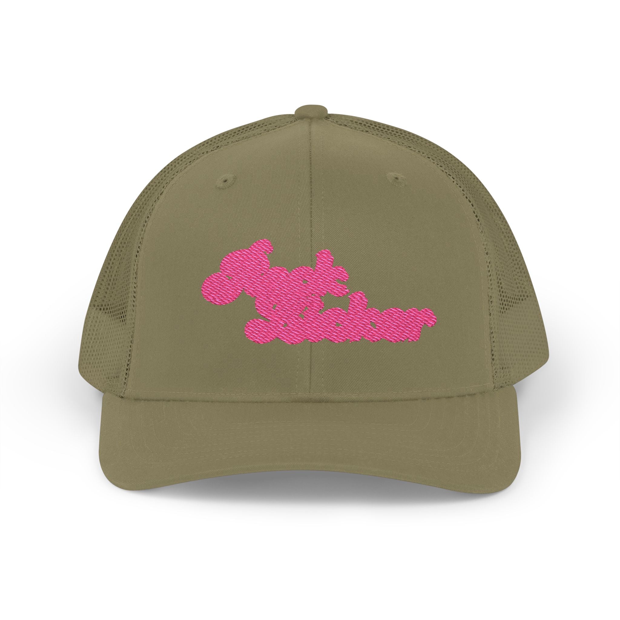 Hat: Embroidered Trucker Hat Rock Licker Pink Text  — Snapback
