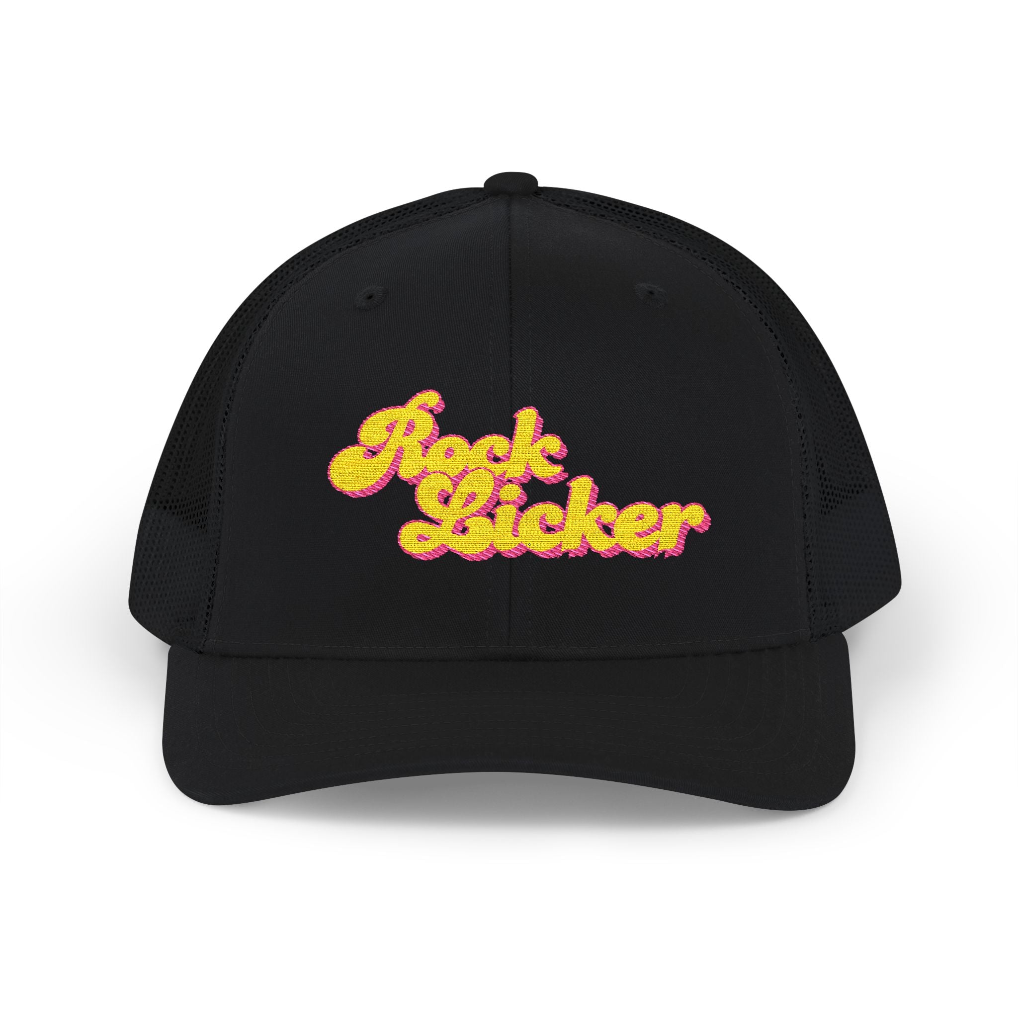 Hat: Embroidered Trucker Hat Rock Licker Yellow Text  — Snapback
