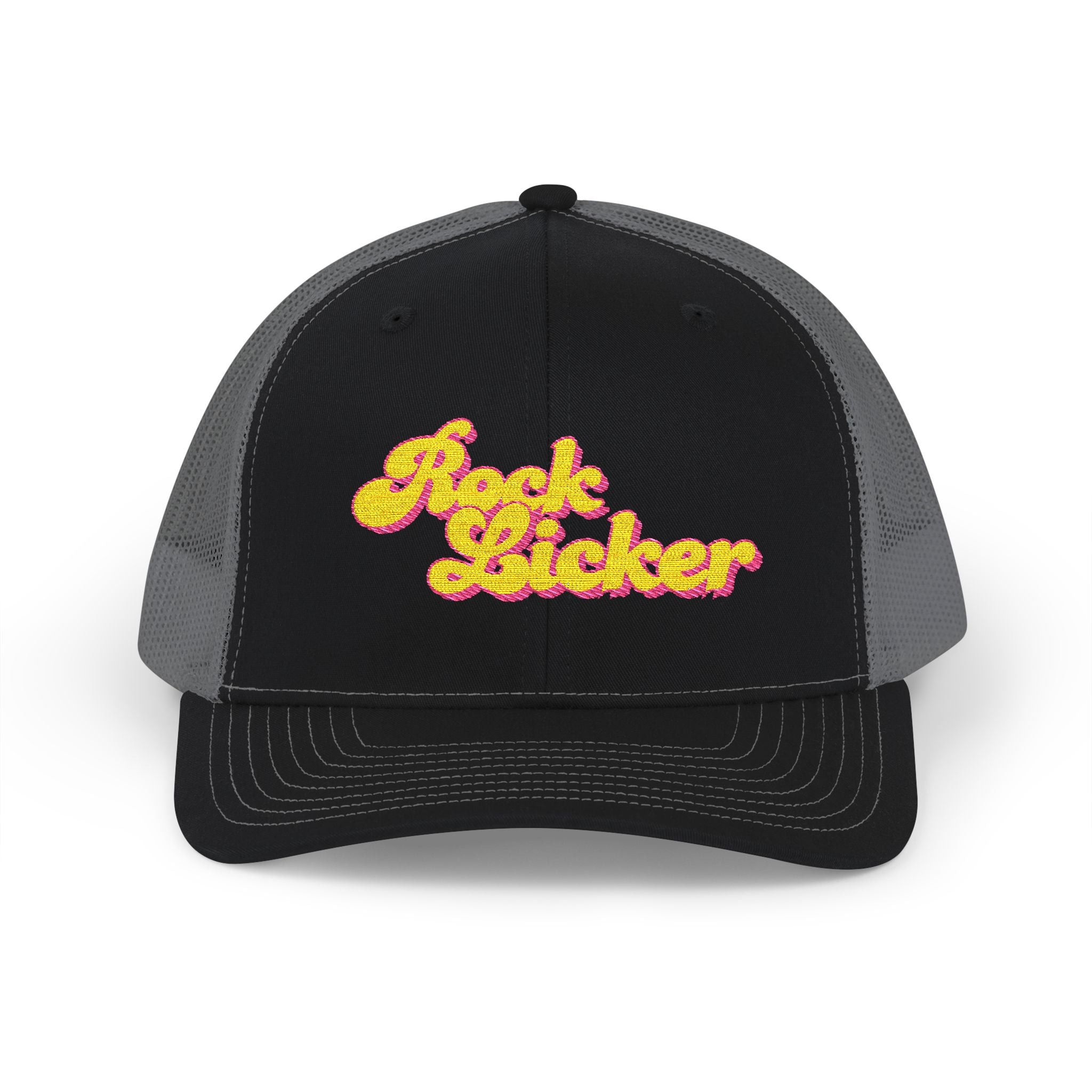 Hat: Embroidered Trucker Hat Rock Licker Yellow Text  — Snapback