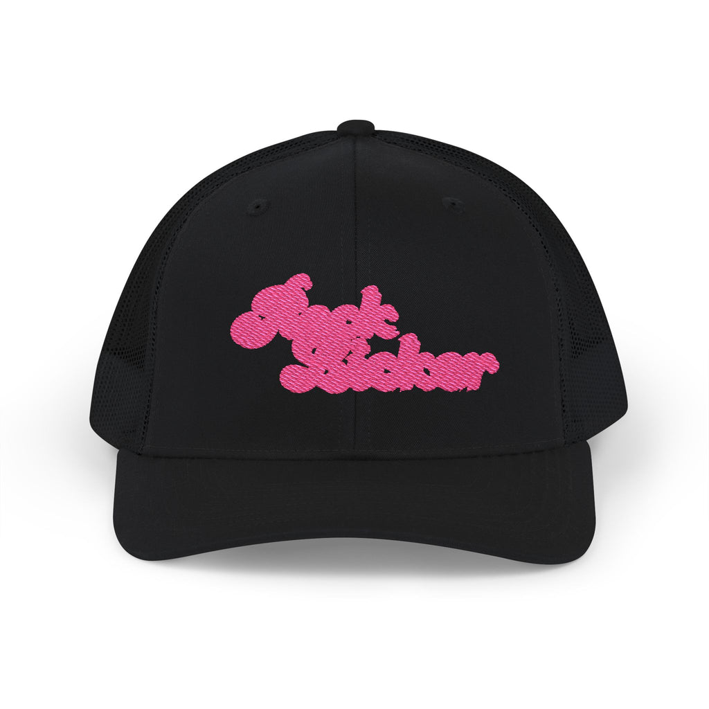 Hat: Embroidered Trucker Hat Rock Licker Pink Text  — Snapback