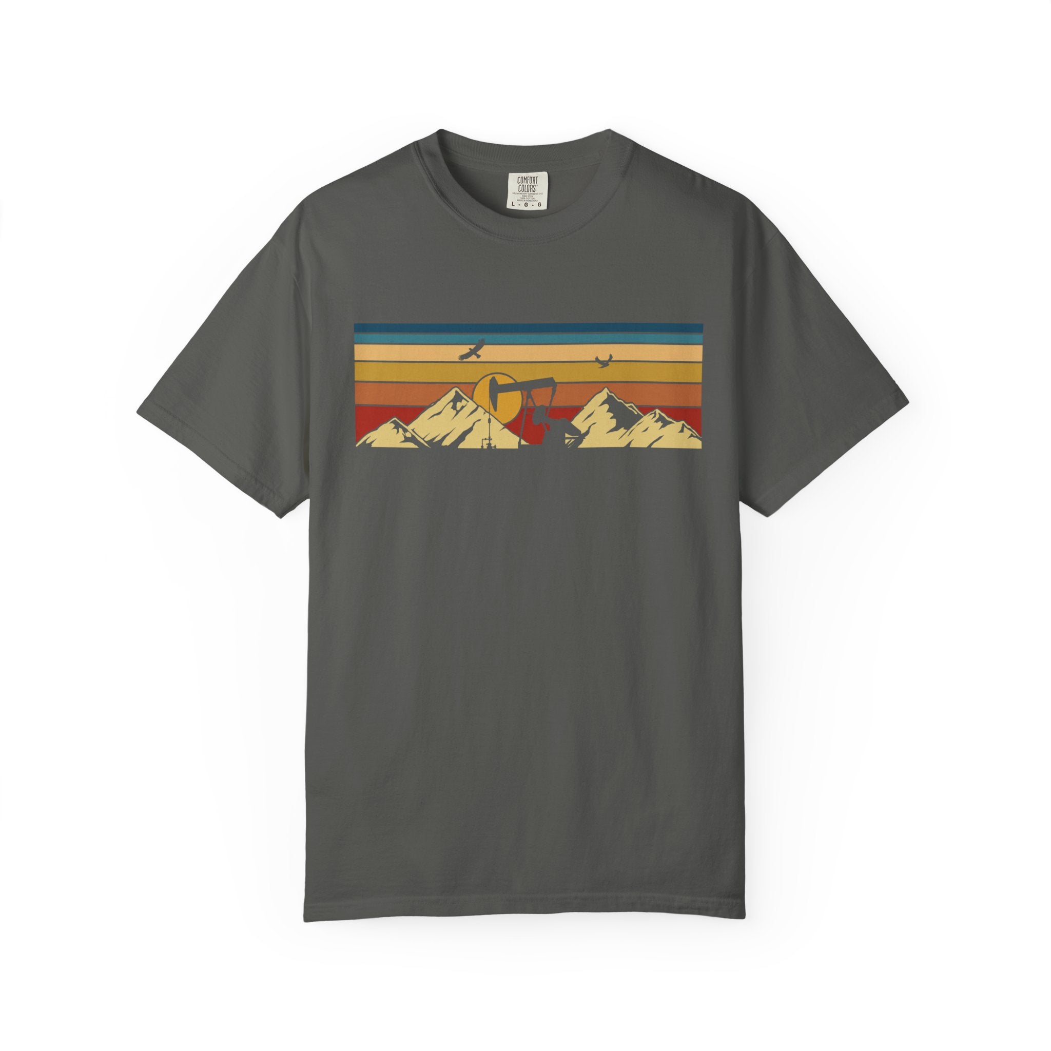Black Funny Geology T-Shirt -  Sunset Pumpjack in the Rocky Mountains