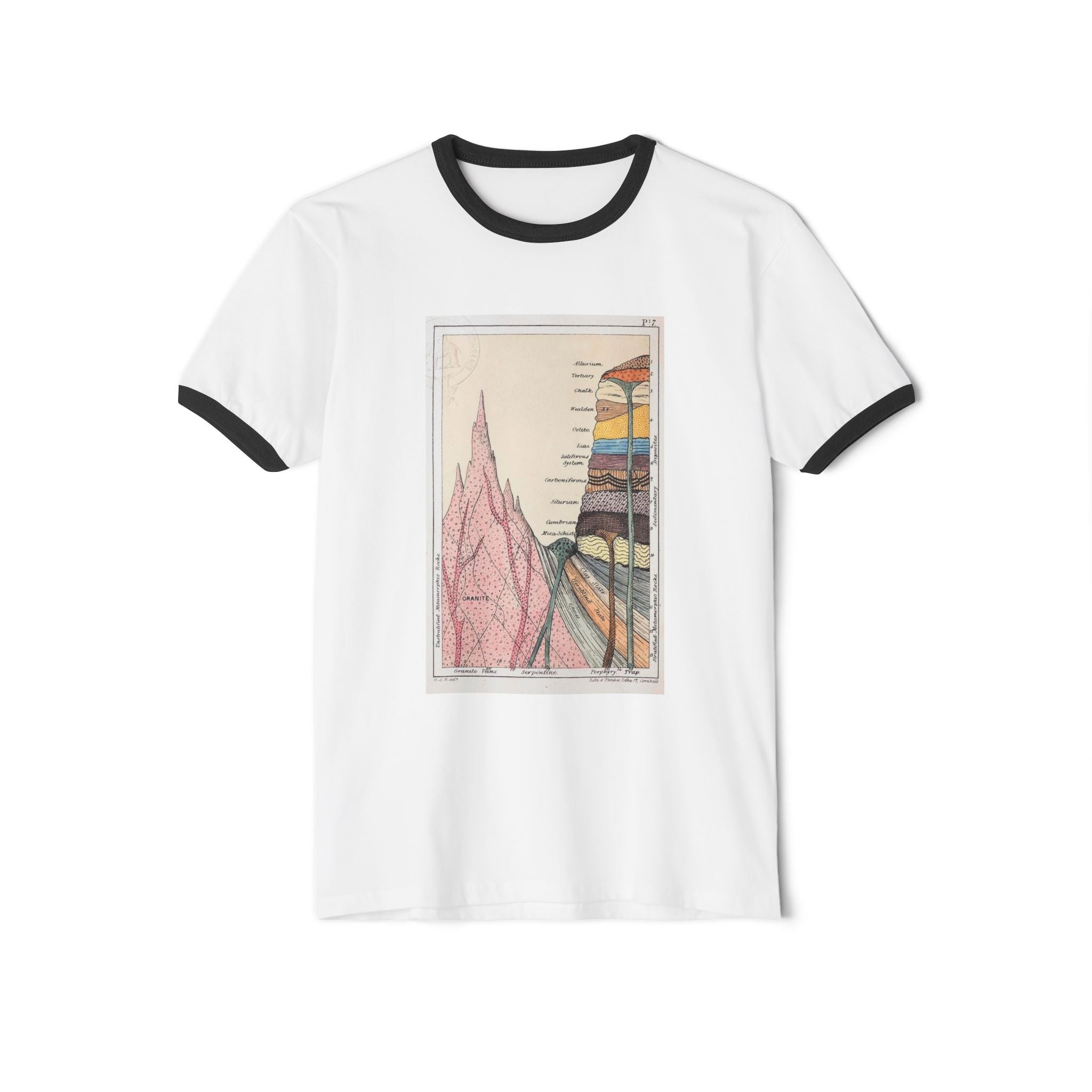 White/Black Funny Geology Ringer T-Shirt: Historic Collections - Gideon Mantell Geologic Strata 1838
