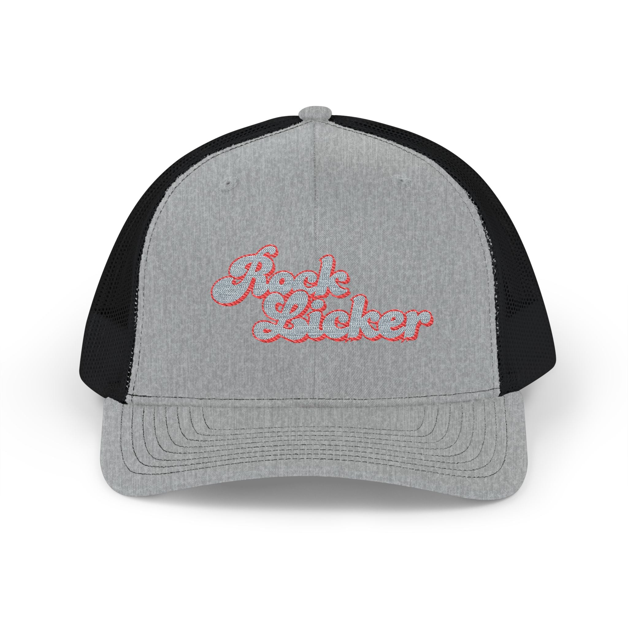 Hat: Embroidered Trucker Hat Rock Licker Blue Text  — Snapback