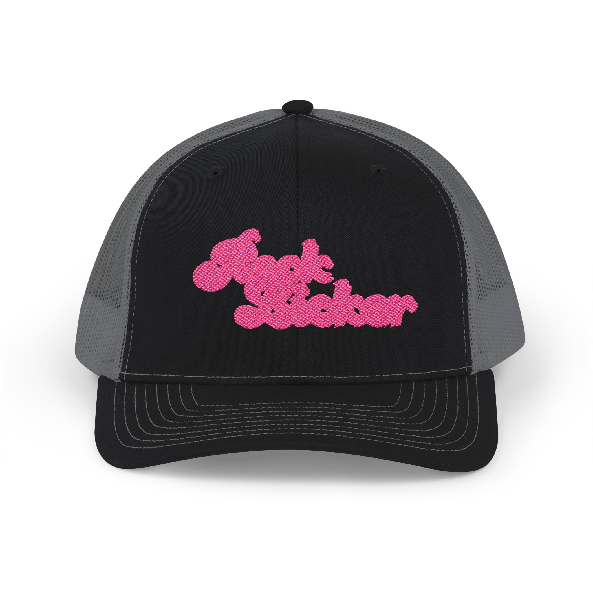 Hat: Embroidered Trucker Hat Rock Licker Pink Text  — Snapback